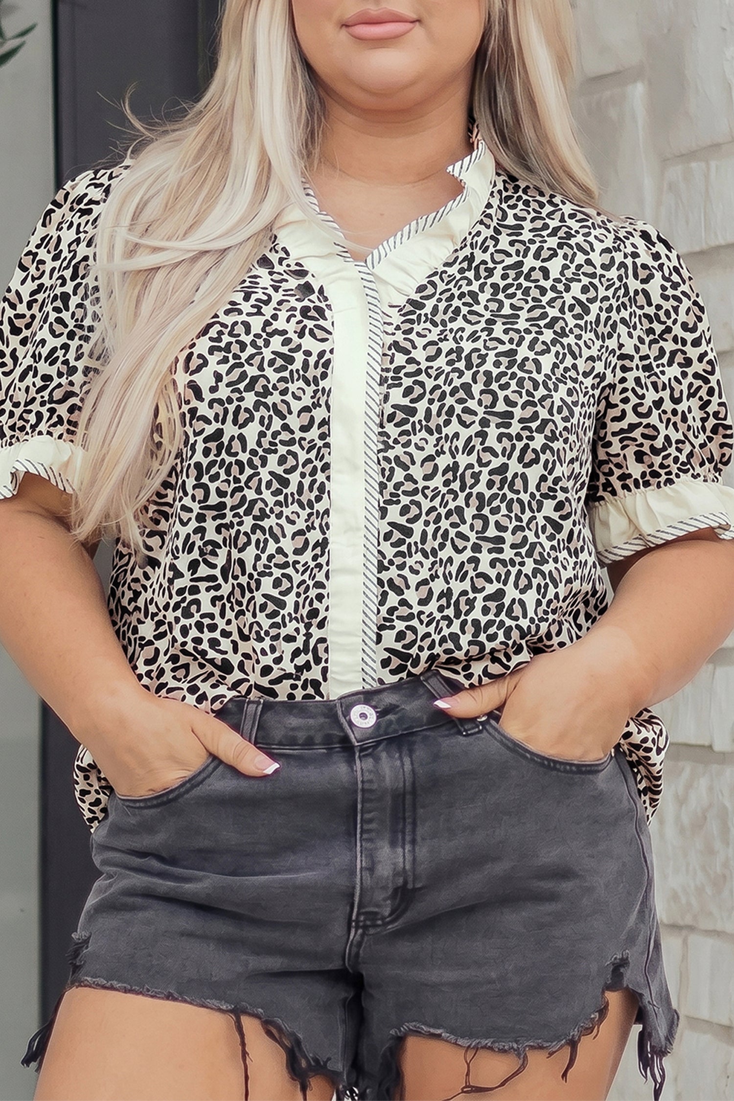 Black Plus Leopard Print Striped Color Block Trim Frilled V Neck Short Sleeve Blouse