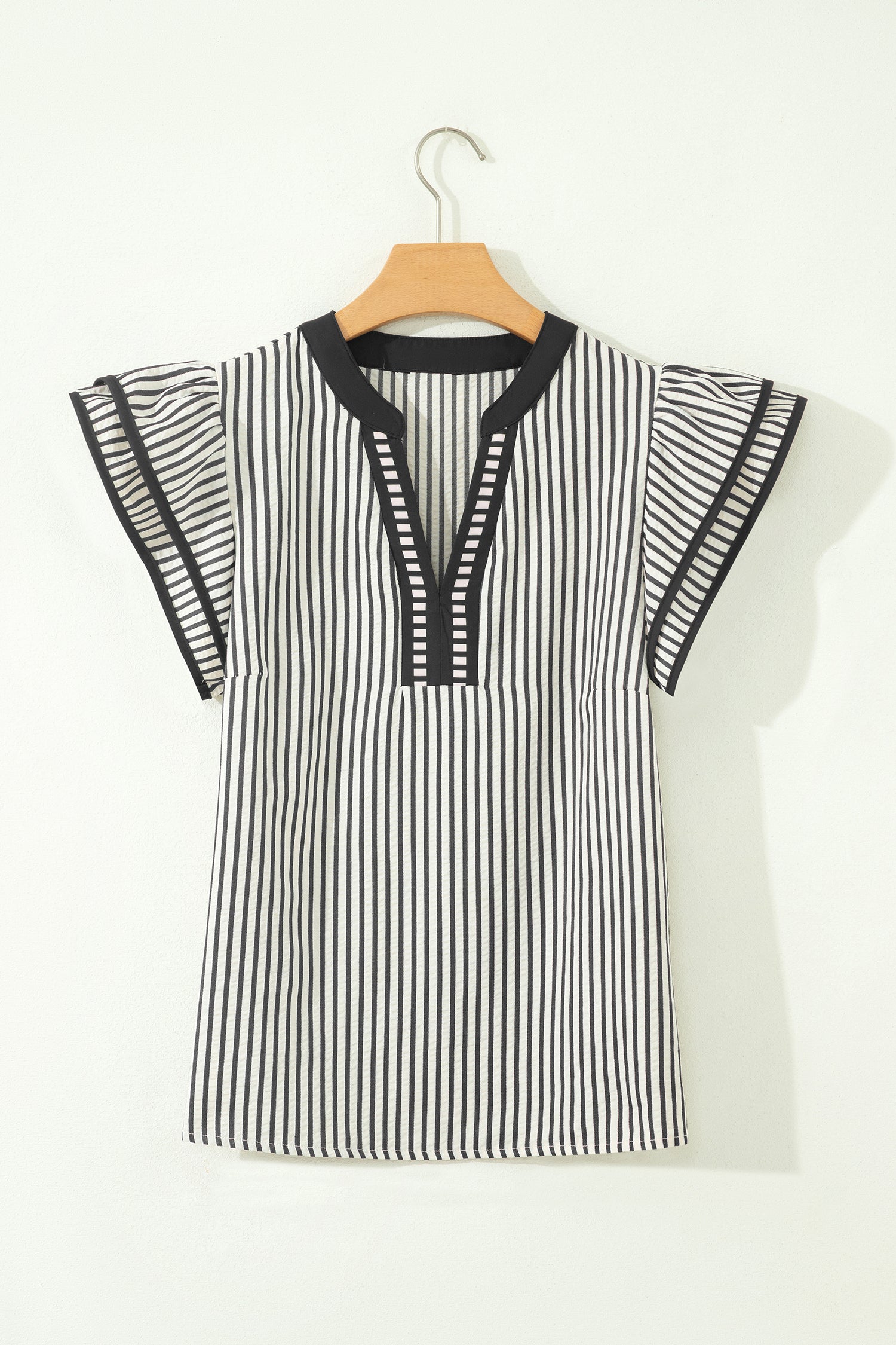 Black Stripe Double Ruffled Short Sleeve V Neck Blouse