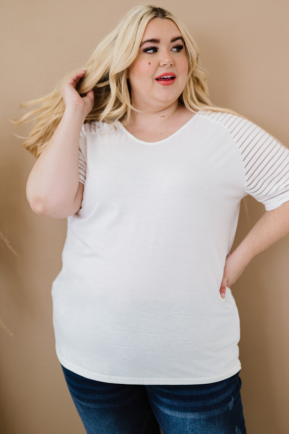 White Striped Raglan Sleeve Plus Size Tee