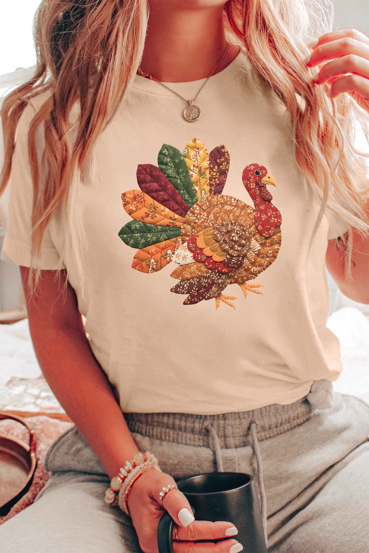Khaki Thanksgiving Turkey Graphic Casual T Shirt
