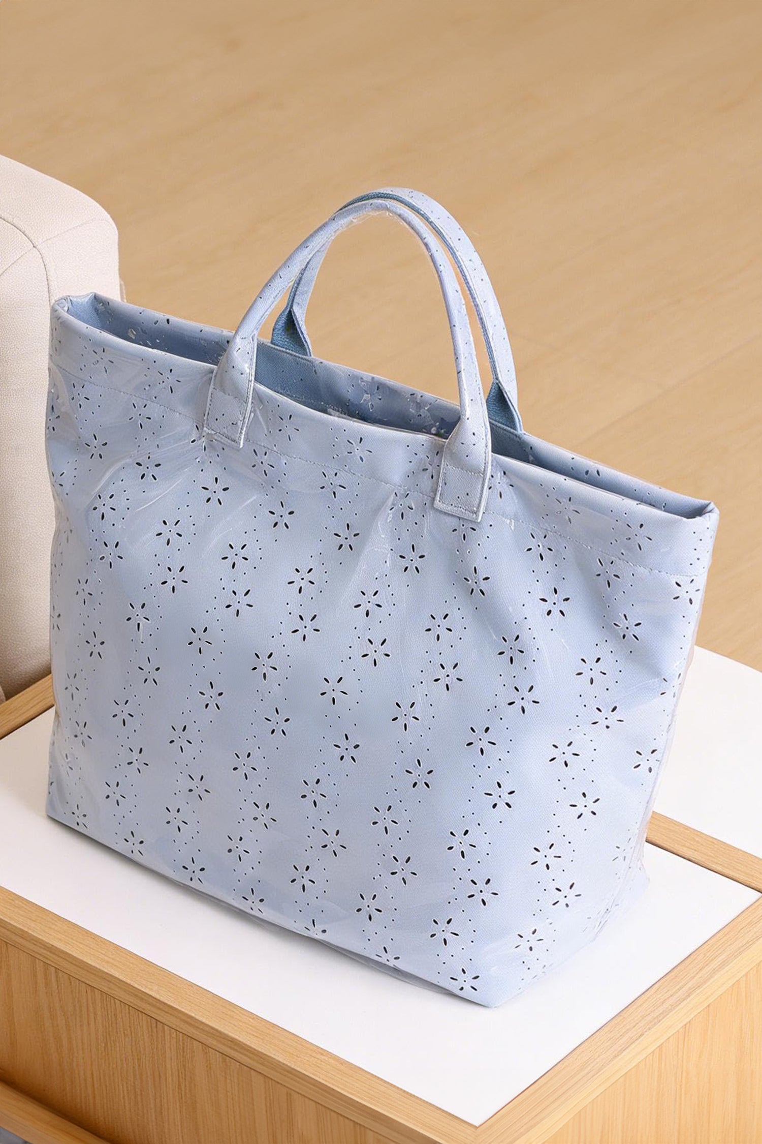 Dusk Blue Eyelet Flower Pattern PVC Glossy Waterproof Tote Bag