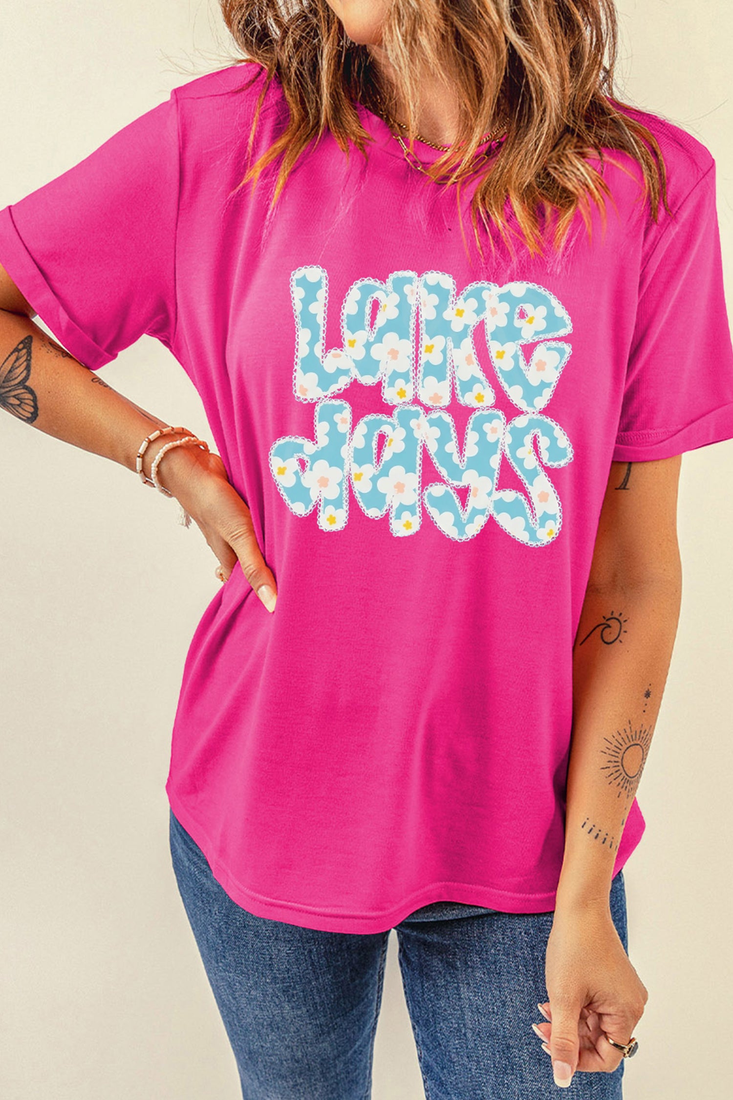 Rose Red LAKE DAYS Floral Lettering T Shirt