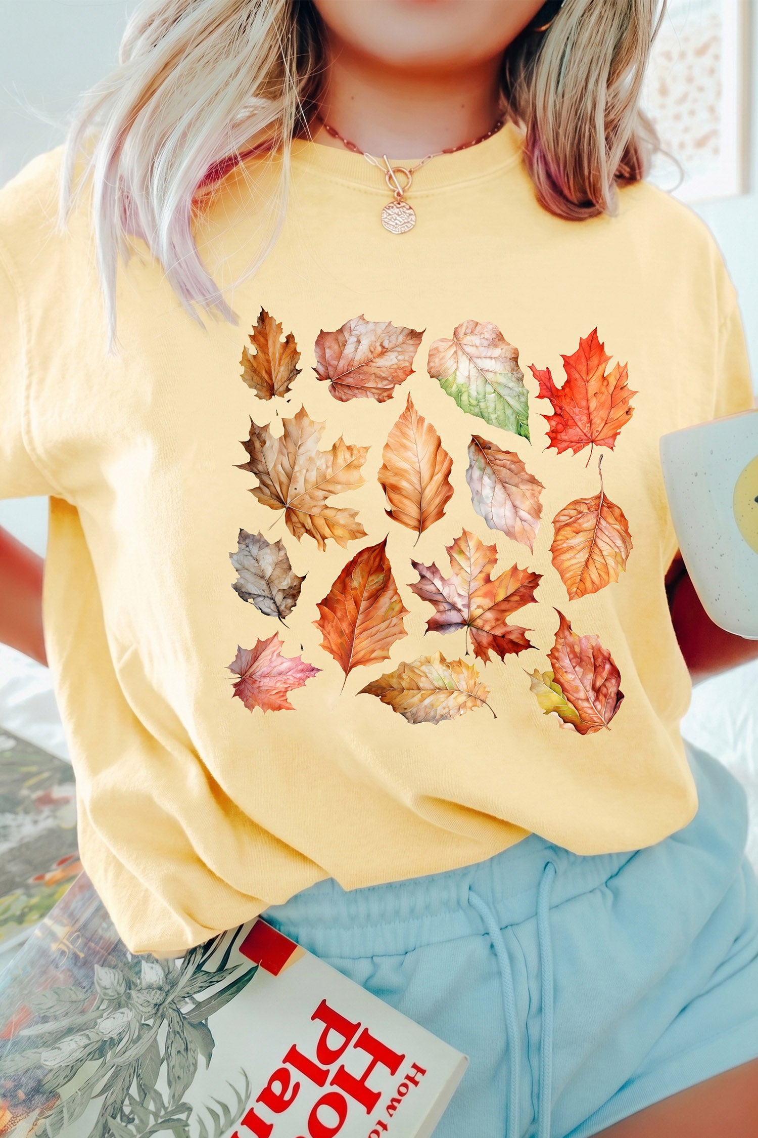 Yellow Cream Autumn Leaves Heat Transferring Print Thanksgiving T-Shirt