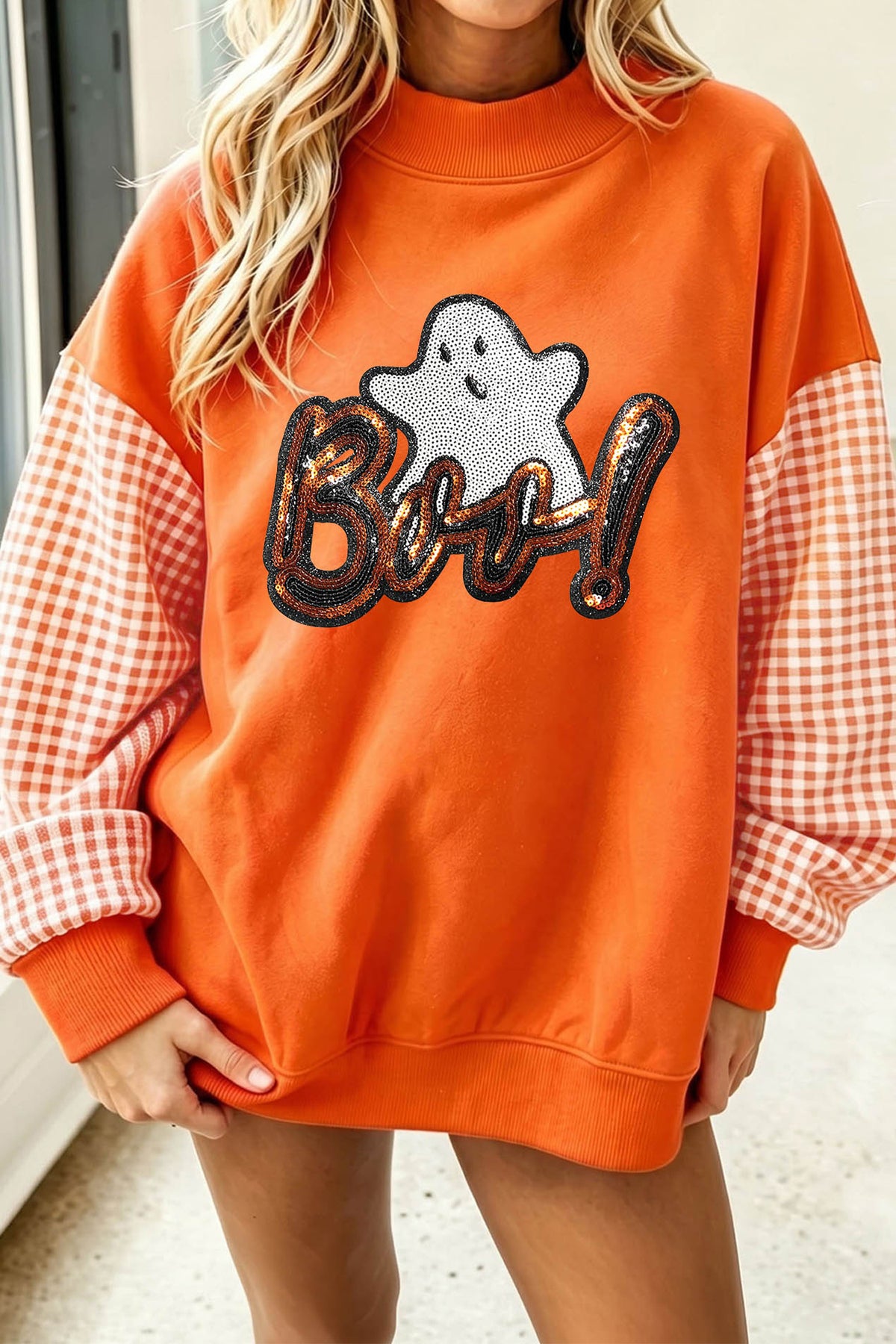 Russet Orange Boo Sequin Ghost Plaid Patchwork Sleeve Halloween Pullover Sweatshirt