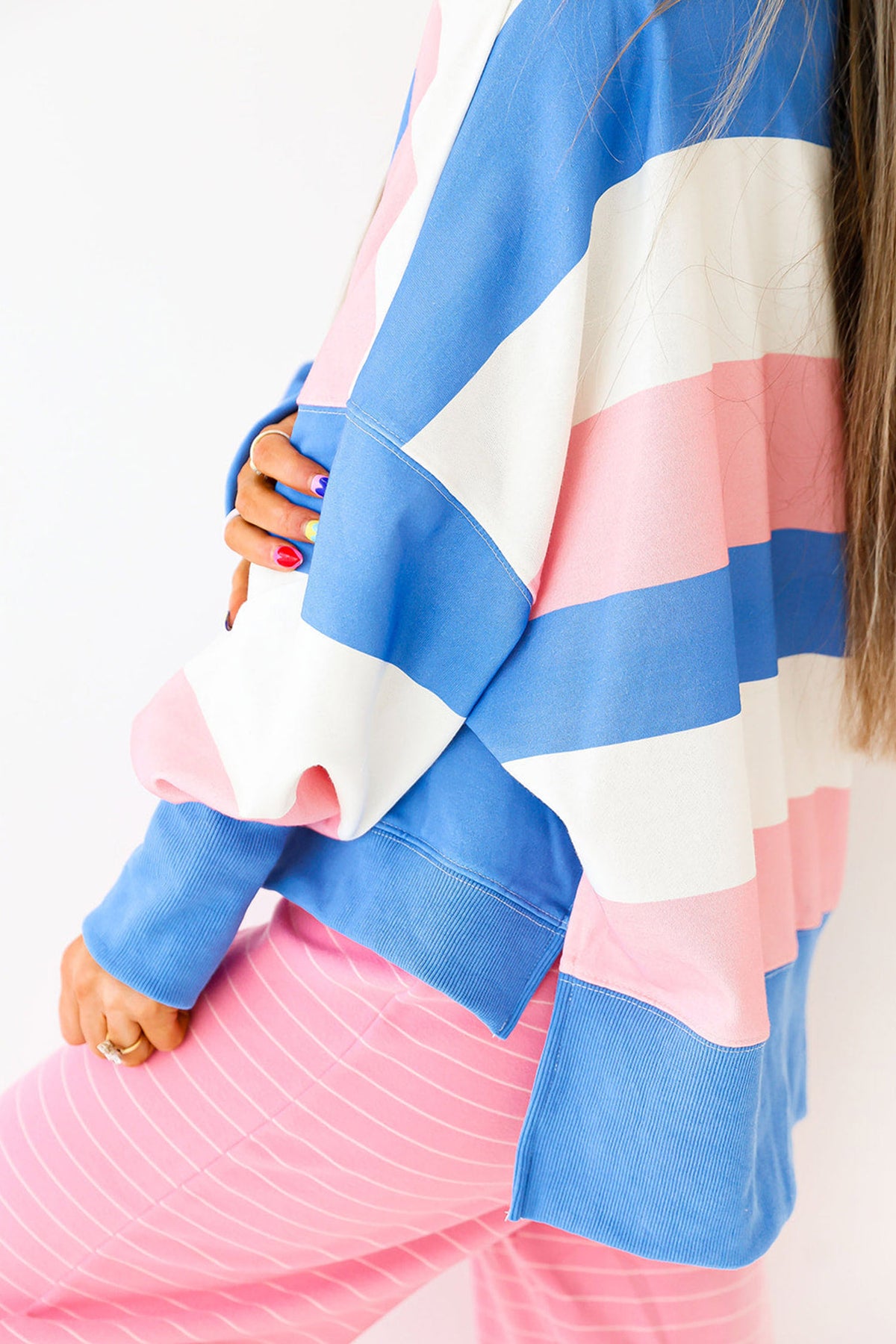 Pink Stripe Side Split Oversized Long Sleeve Top