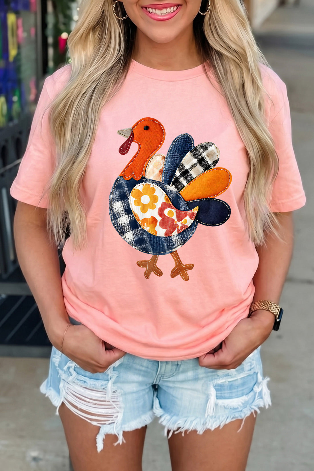 Pink Turkey Applique Short Sleeve Round Neck T-Shirt