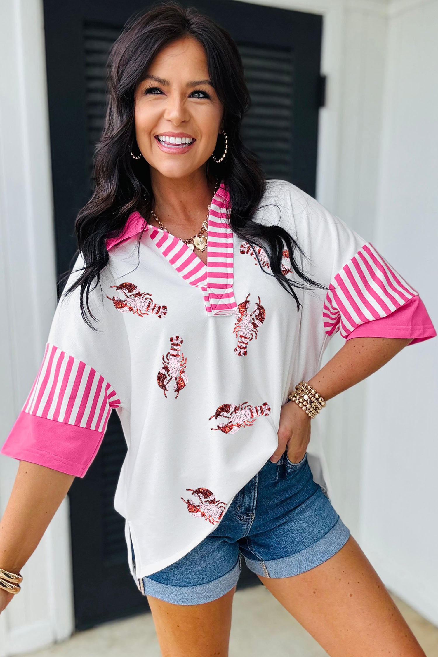 White Sequin Lobster Pattern Striped Trim V Neck Half Sleeve Polo T-Shirt