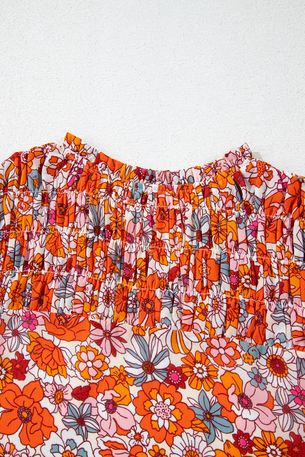Orange Floral Print V Neck Pleated Ruffle Short Sleeve Blouse