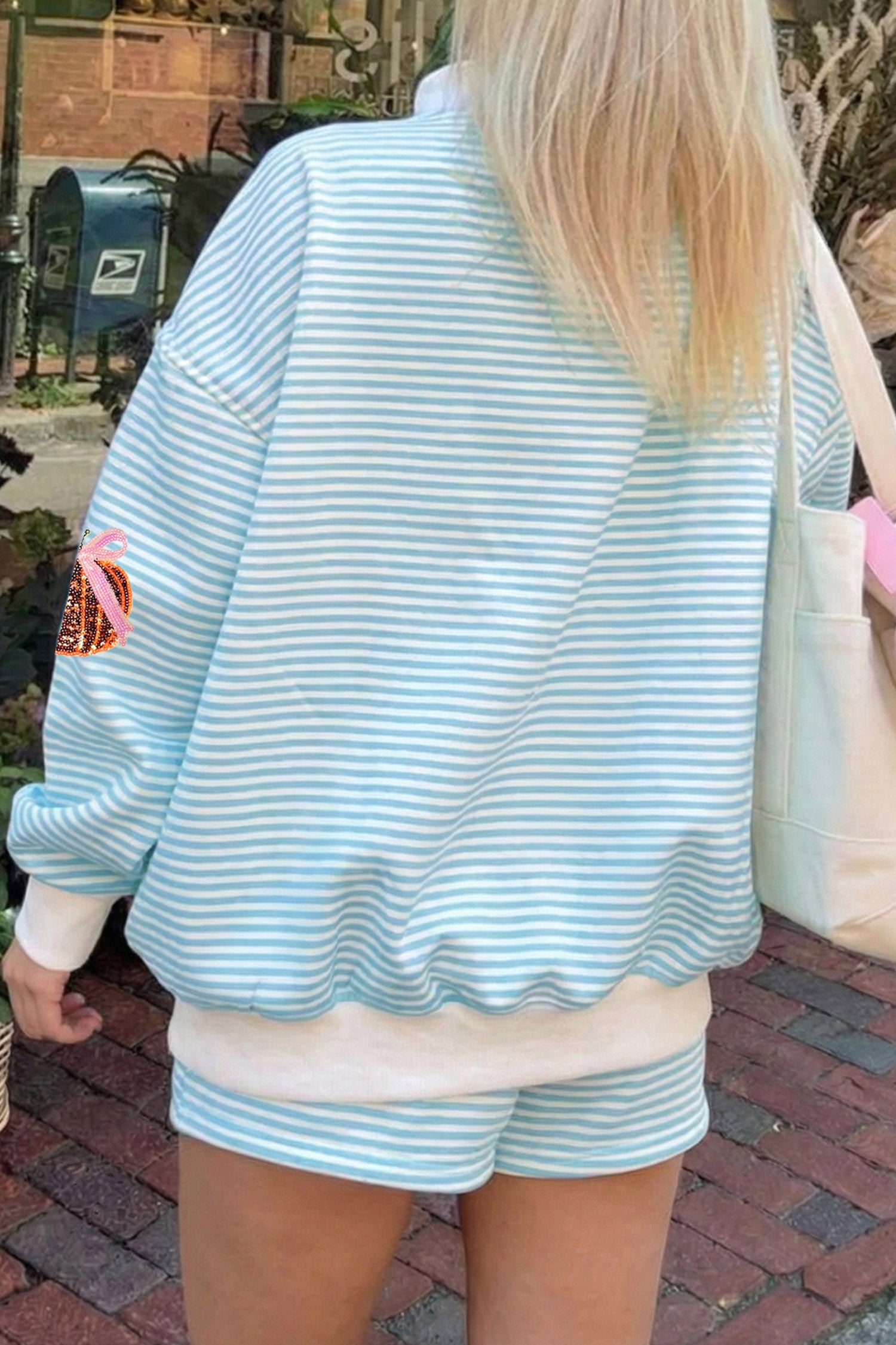 Sky Blue Stripe Sequined Pumpkin Baggy Pullover Casual Shorts Two-Piece Set