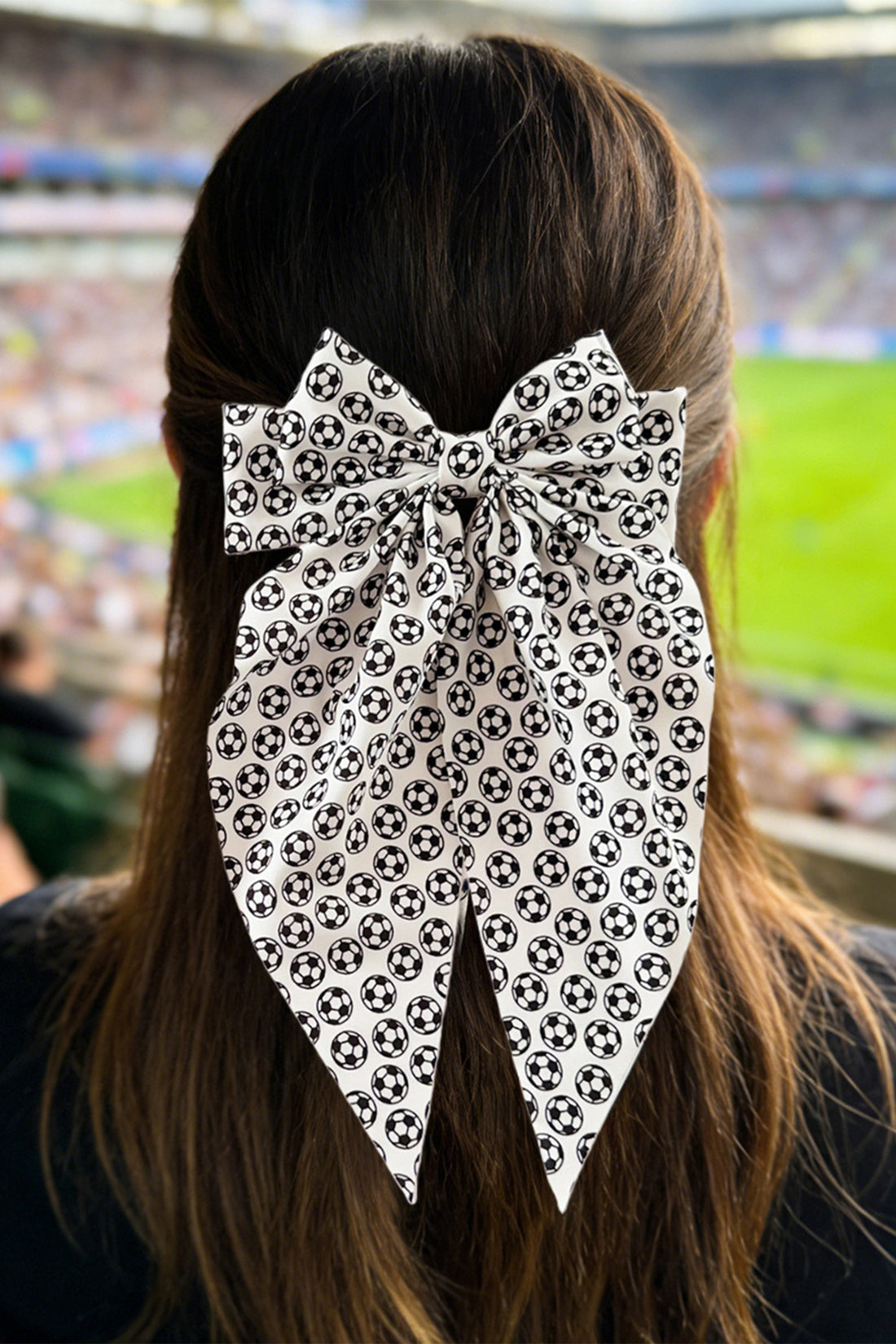 White Soccer Football Allover Ribbon Bow Hair Clip