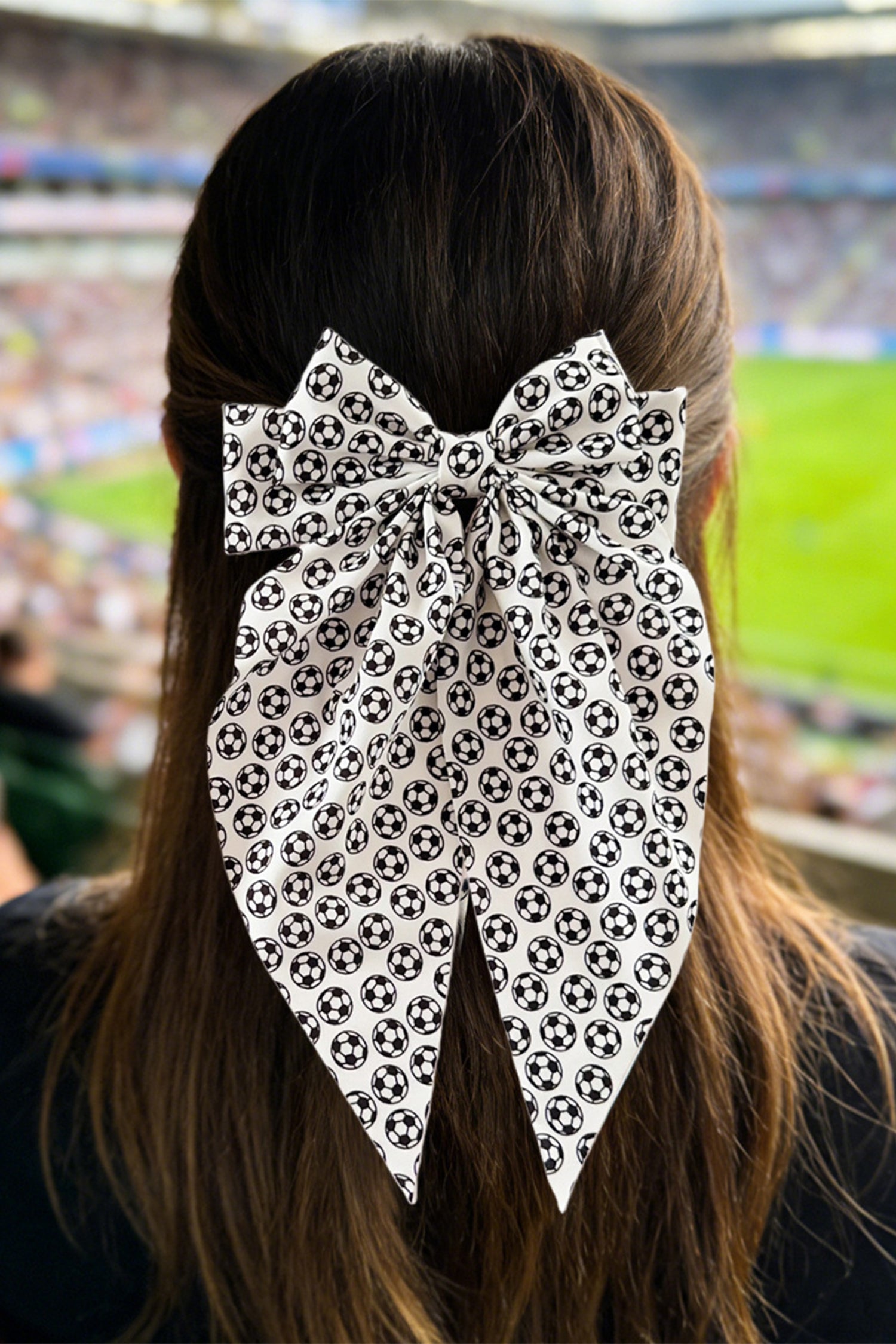 White Soccer Football Allover Ribbon Bow Hair Clip