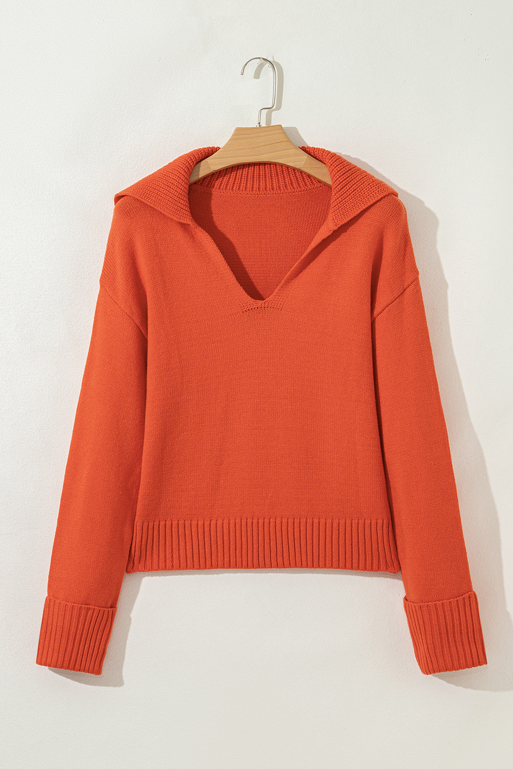 Flamingo Collared V Neck Ribbed Edge Sexy Elegant Sweater