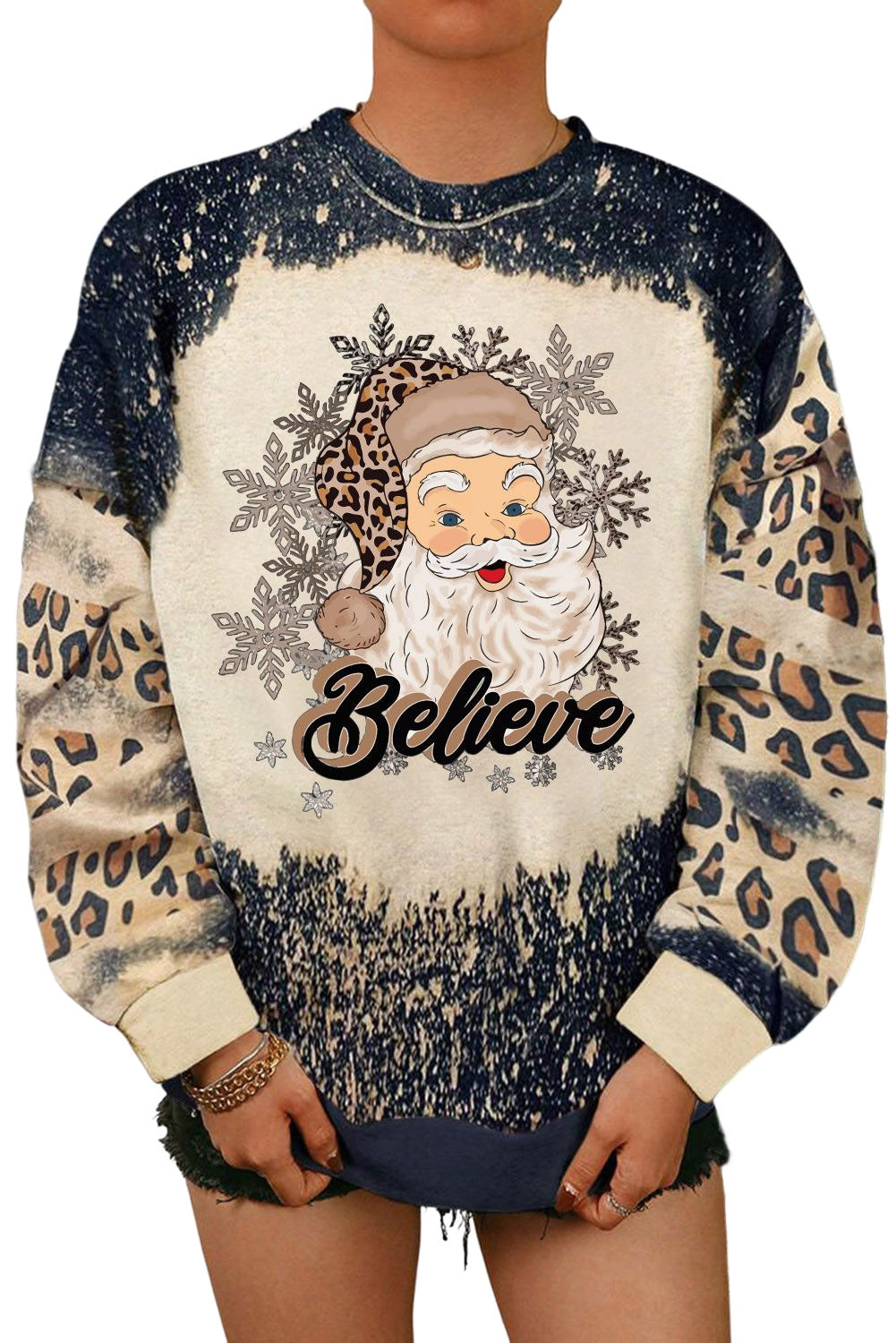 Black Believe Santa Claus Bleach Print Graphic Sweatshirt