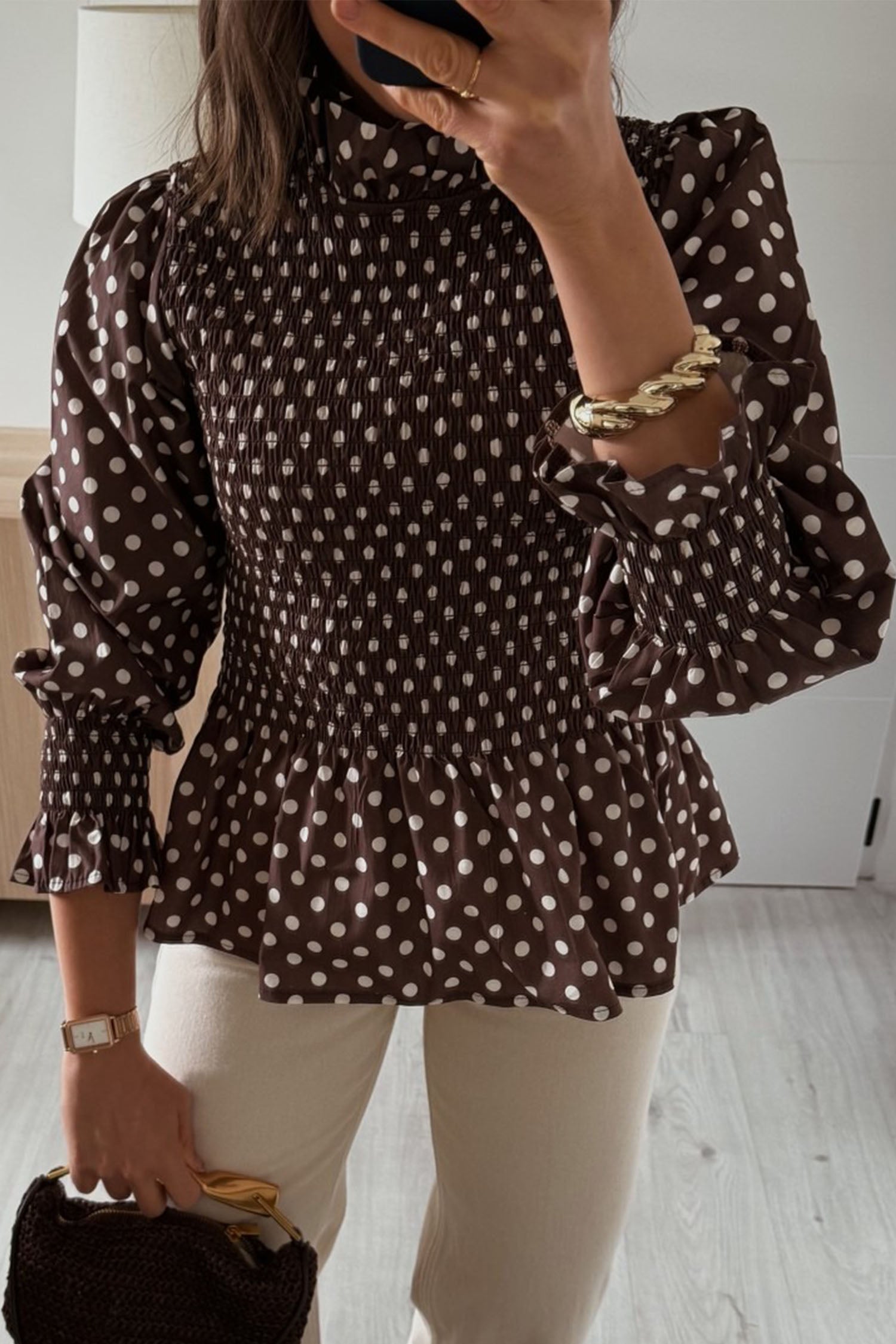 Brown Polka Dot Ruffled High Neck Shirred Ruffle Hem Blouse