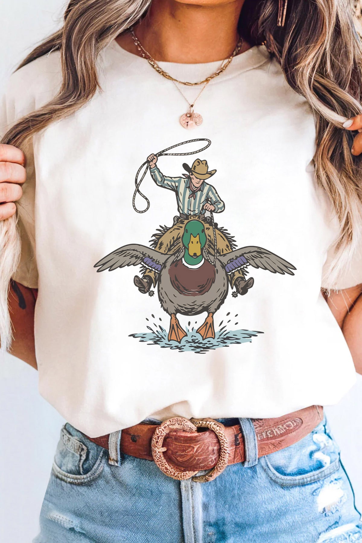 White Western Duck Print Casual Graphic Tee