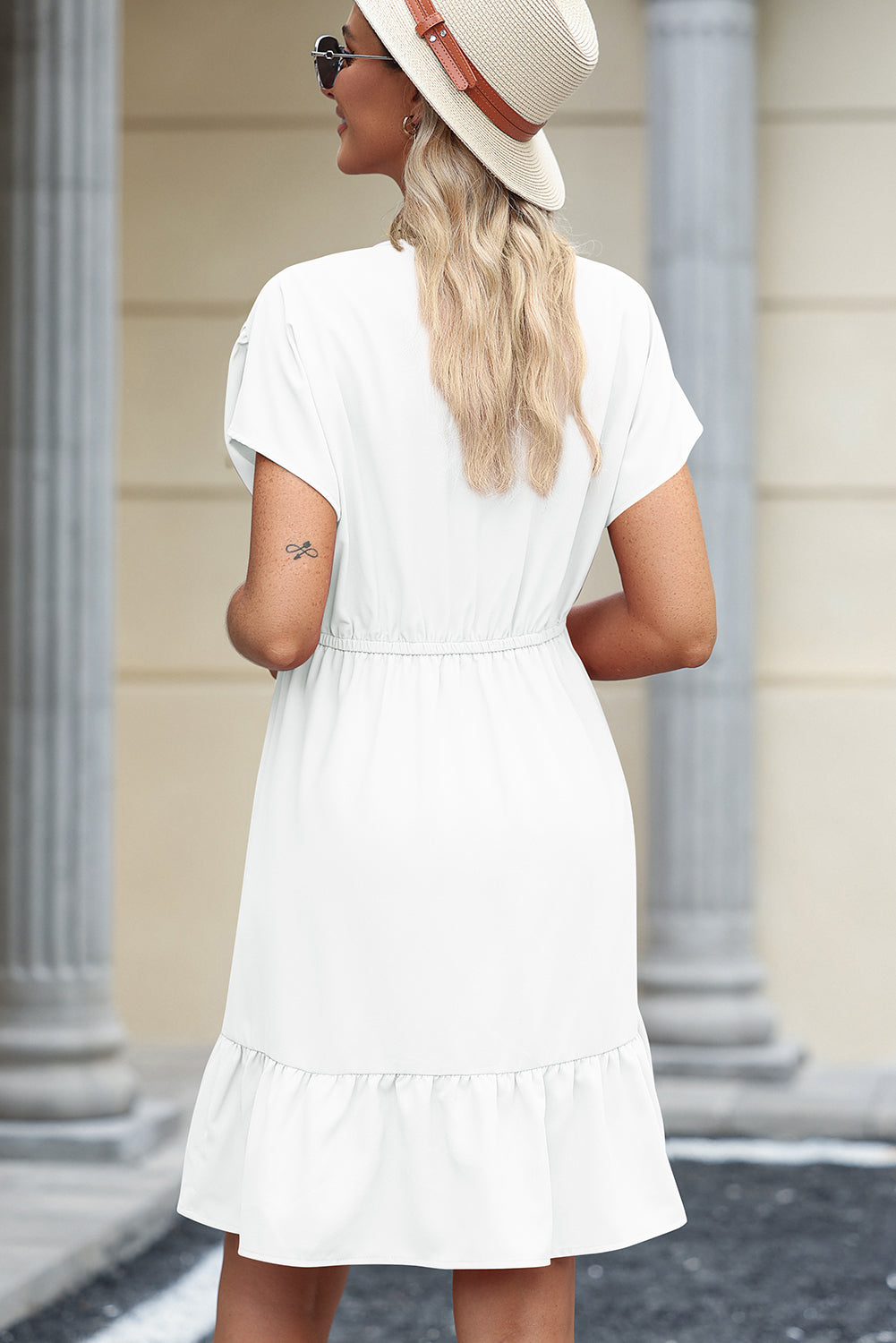 White Double Drawstring Detail High Waist V Neck Short Sleeve Mini Dress