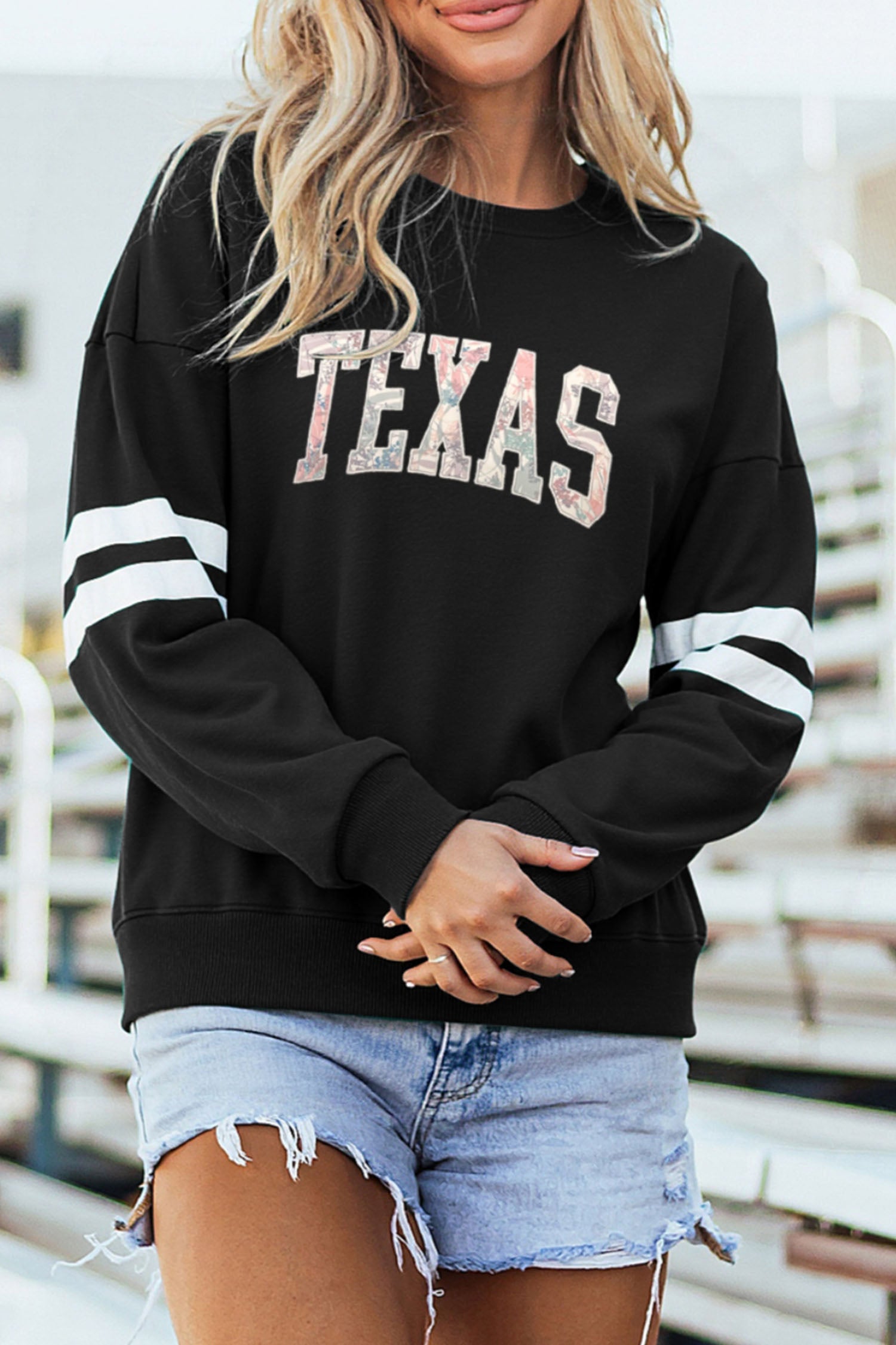 Black TEXAS Embroidered Trim Patched Graphic Oversized Varsity Sweatshirt