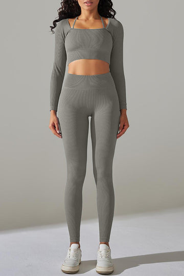Gray Ribbed Long Sleeve Strappy Square Neck 2pcs Yoga Set