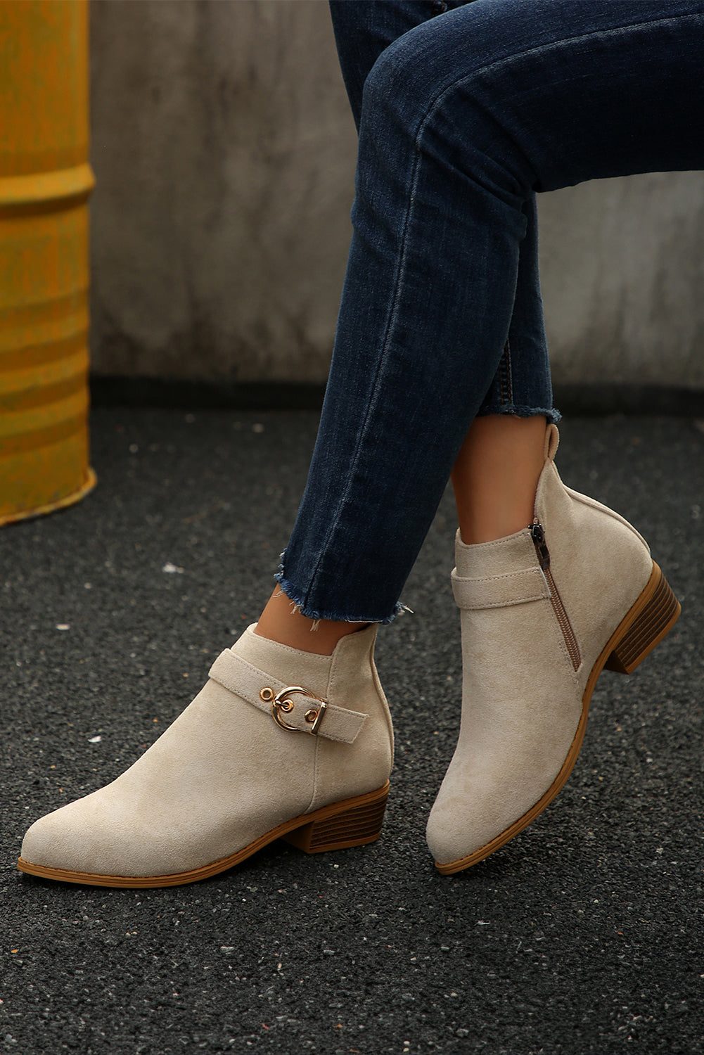 Beige Classic Buckle Strap Chunky Heel Suede Boots