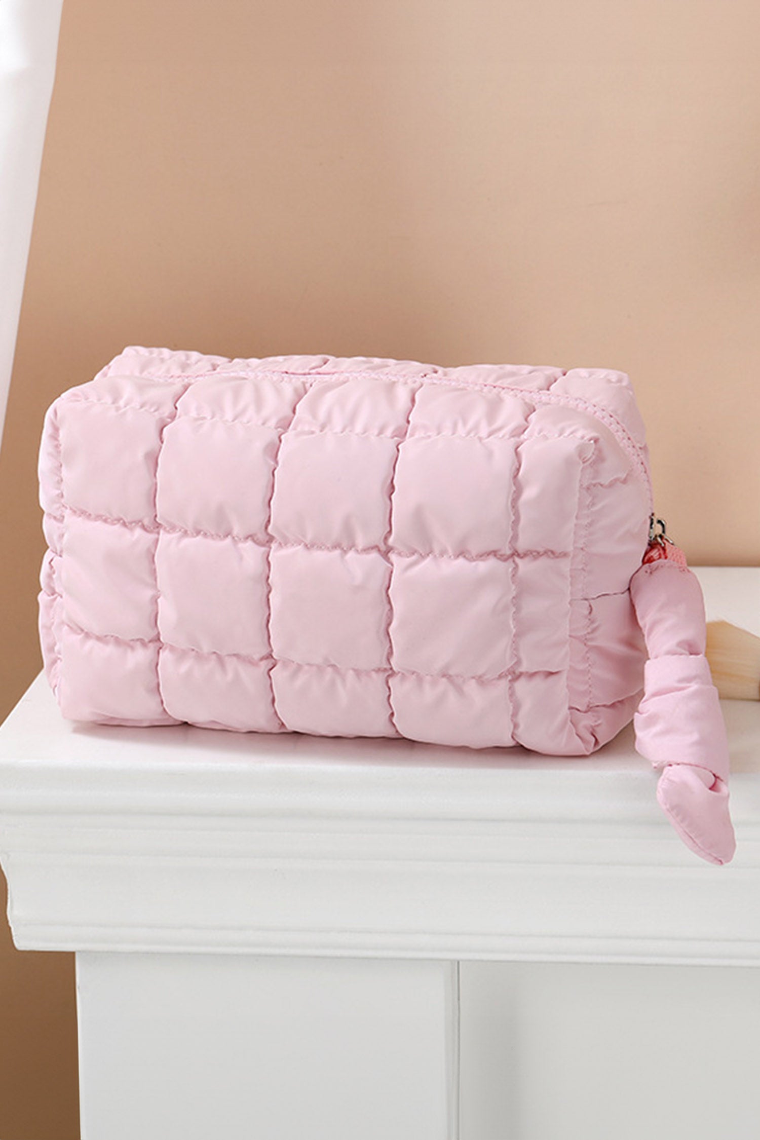 Pink Solid Color Quilted Nylon Makeup Bag