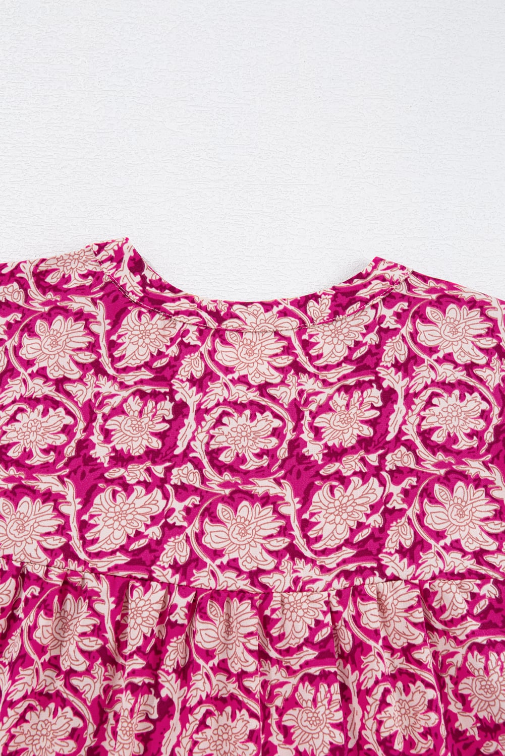 Pink Floral Print Split Neck Pleated Puff Sleeve Blouse