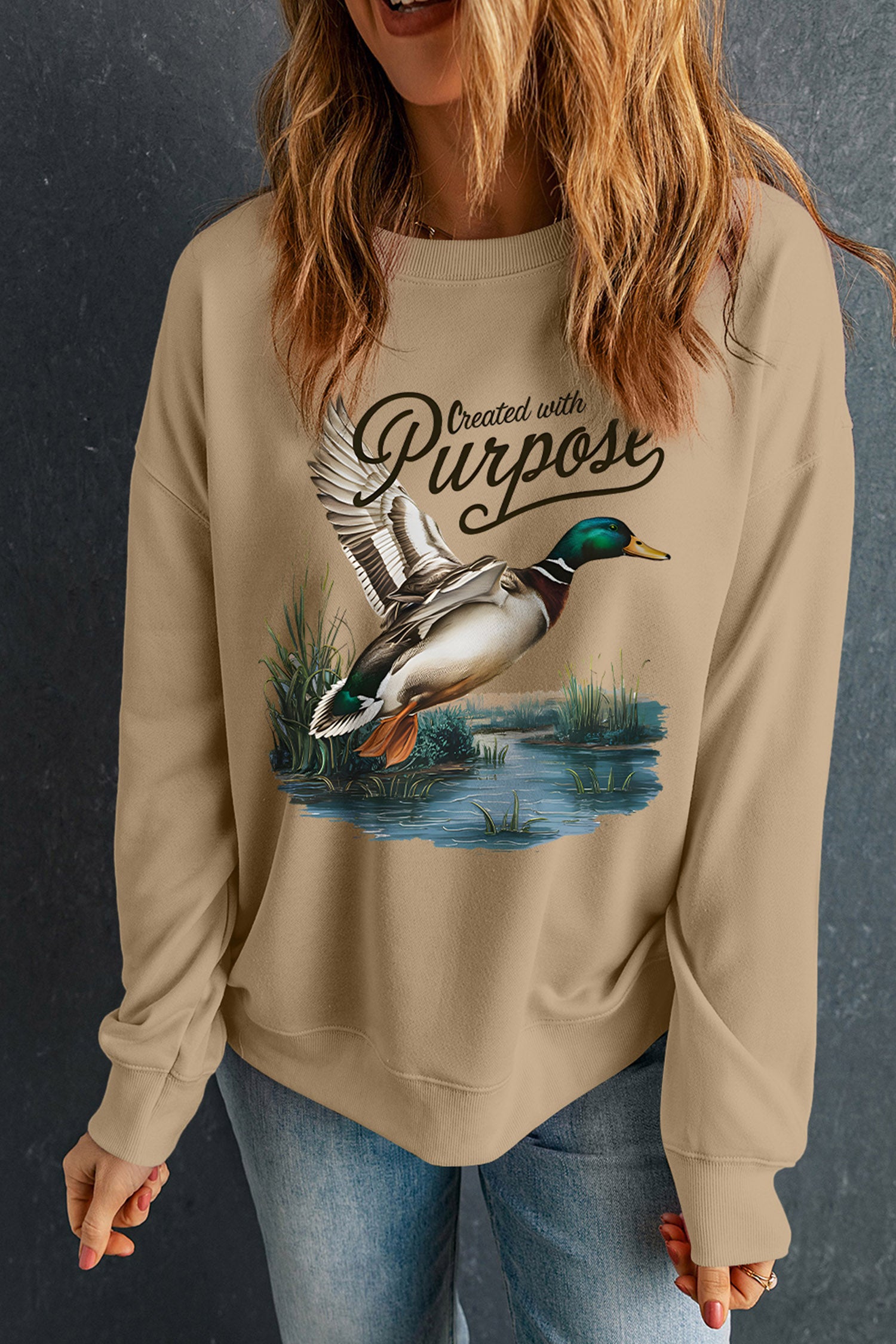 Khaki Created with Purpose Western Mallard Graphic Casual Pullover Sweatshirt