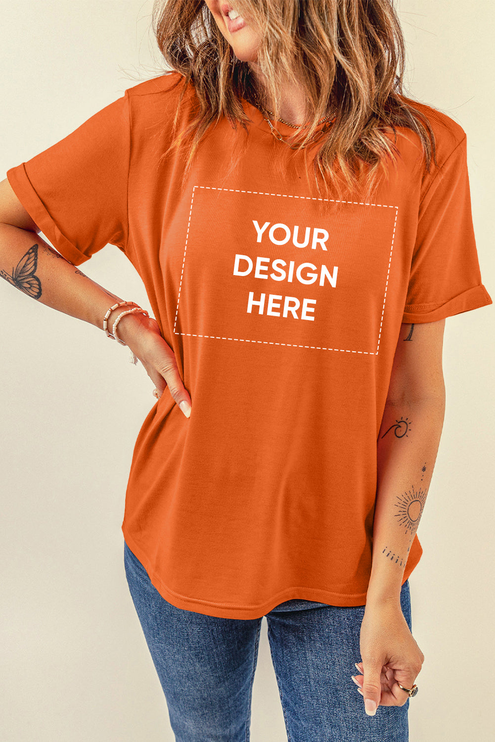 Orange Casual Plain Crew Neck Tee