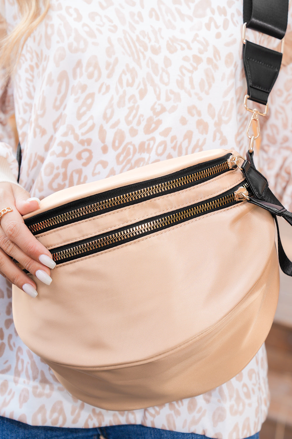 Parchment Double Zip Crescent Shape Adjustable Sling Bag
