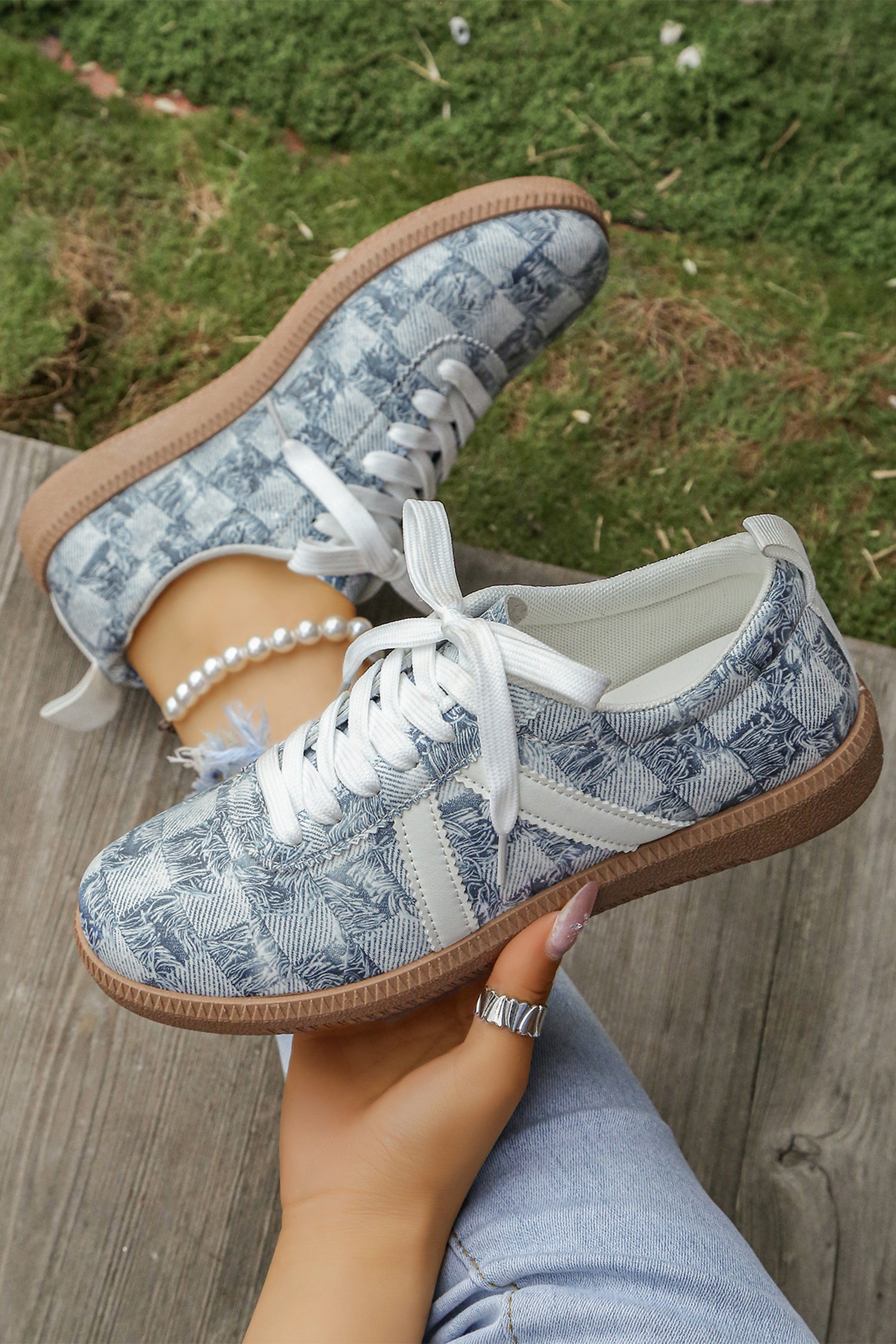 Ashleigh Blue Stylish Denim Checkered Print Lace Up Flat Shoes