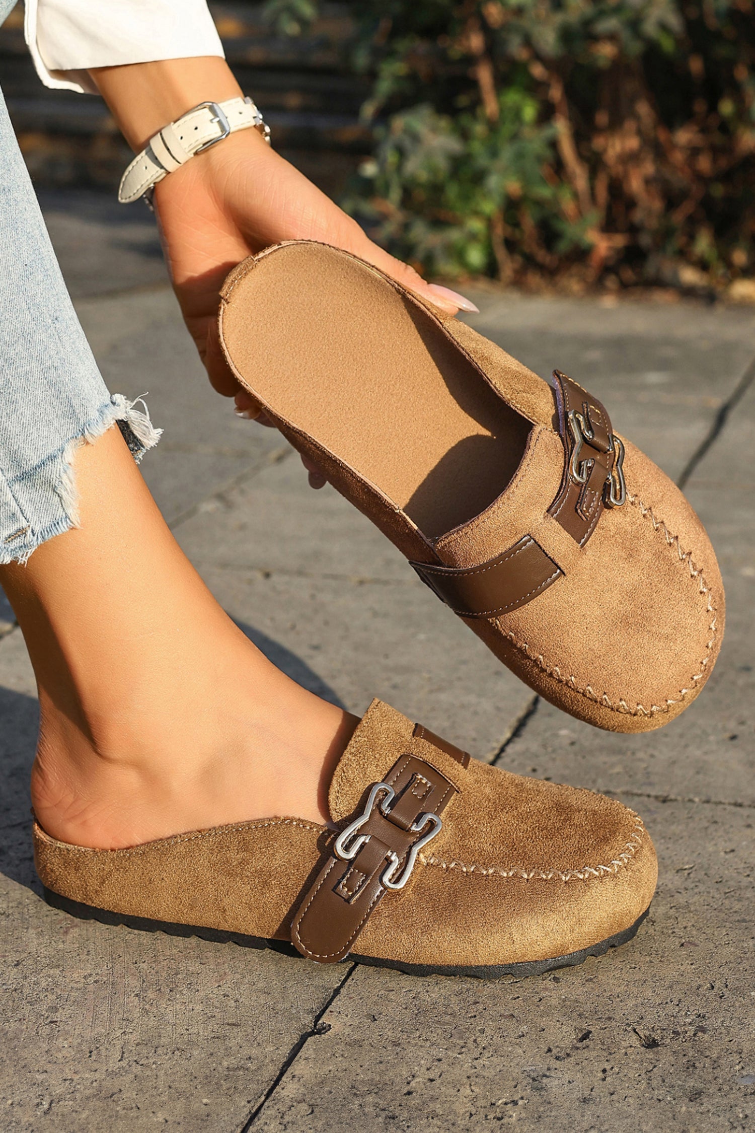 Camel Faux Suede Cute Buckle PU Leather Strap Mule Slippers