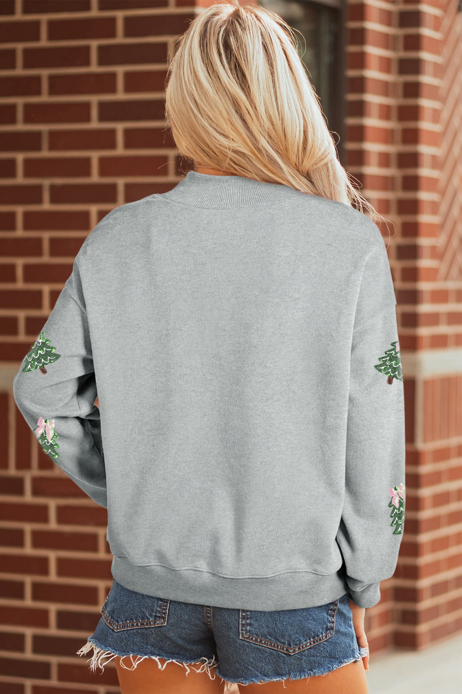 Gray Sequin Christmas Tree Graphic Mock Neck Baggy Pullover Sweatshirt