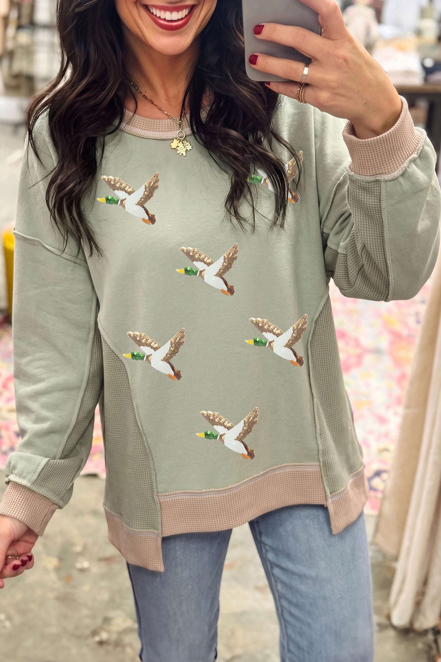 Smoke Green Sequined Mallard Duck Print Waffle Patchwork Graphic Sweatshirt