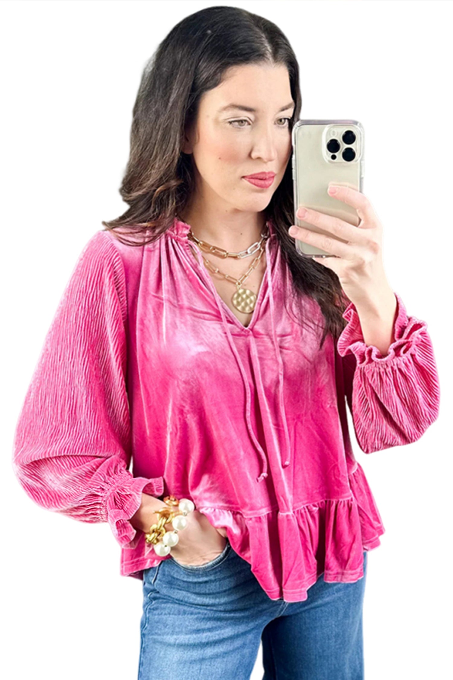 Strawberry Pink V Neck Velvet Ruffled Cuffs Hem Long Sleeve Top