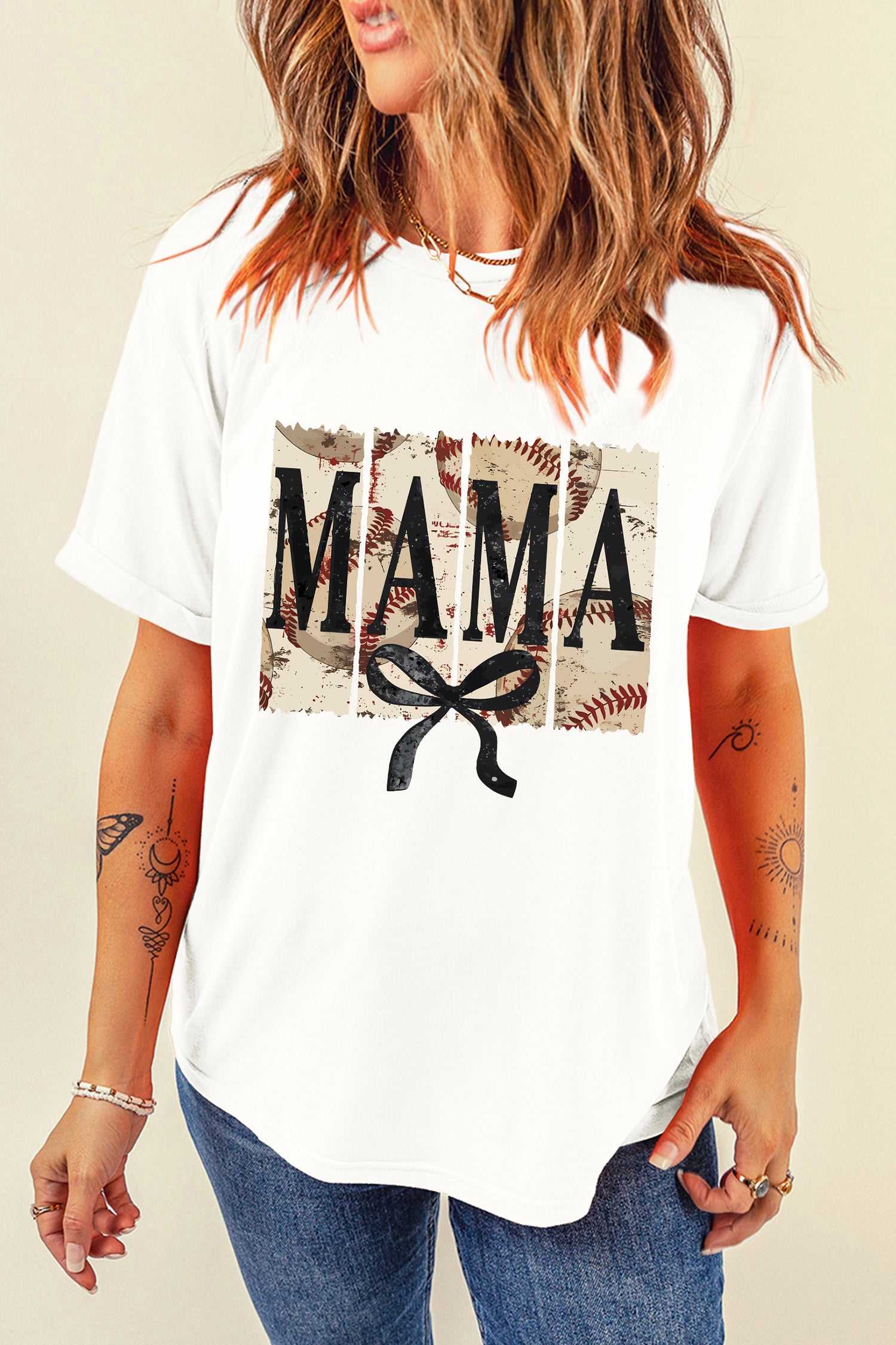White MAMA Bow Retro Baseball Printed Tee