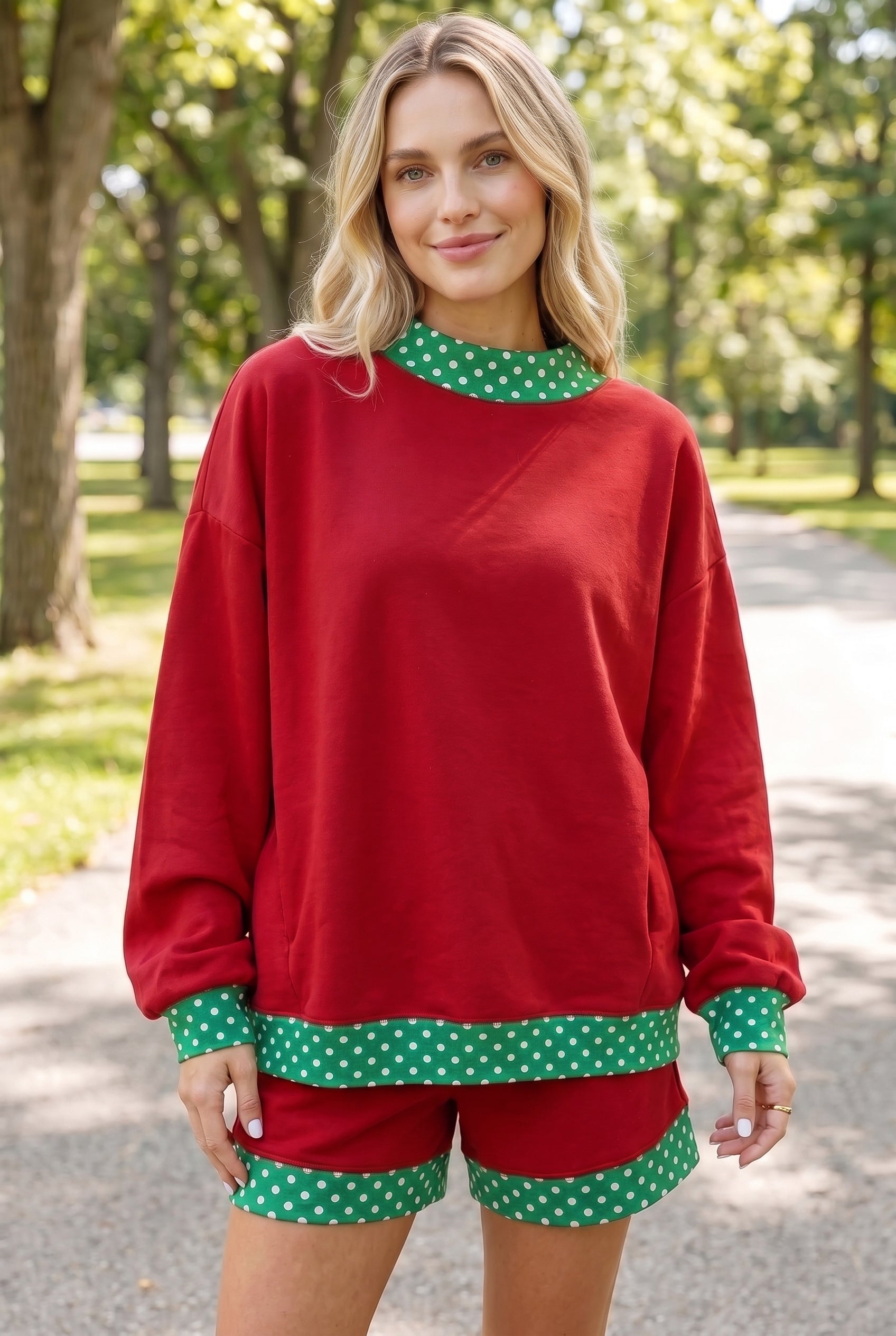 Racing Red Polka Dot Trim Baggy Pullover 2pcs Short Set
