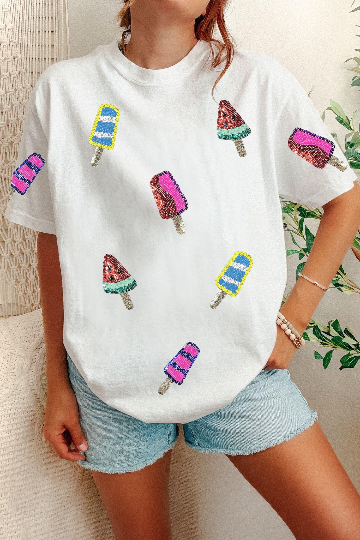 White Sequin Popsicle Graphic Casual T Shirt
