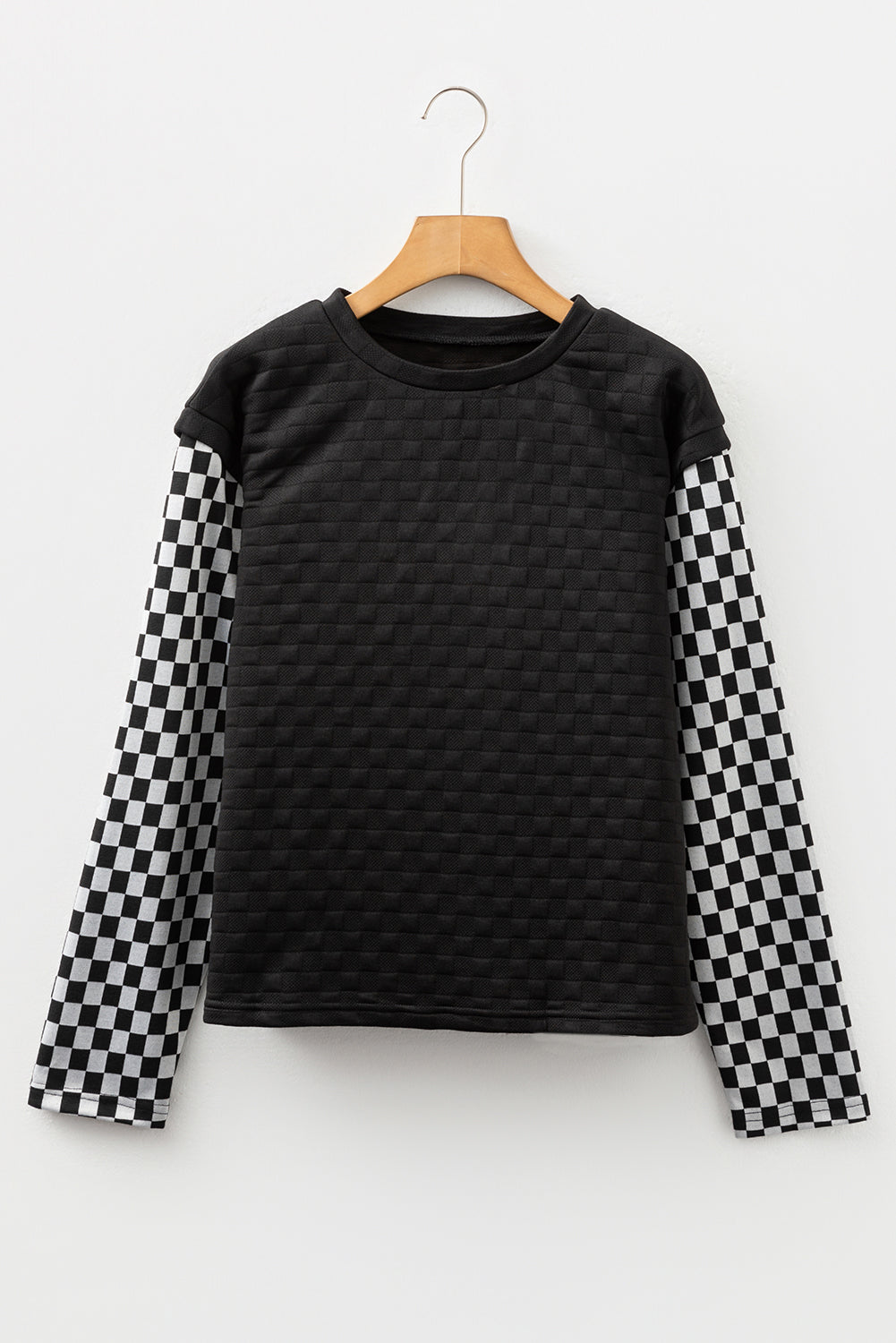Black Plaid Textured Contrast Checkered Patchwork Long Sleeve Top