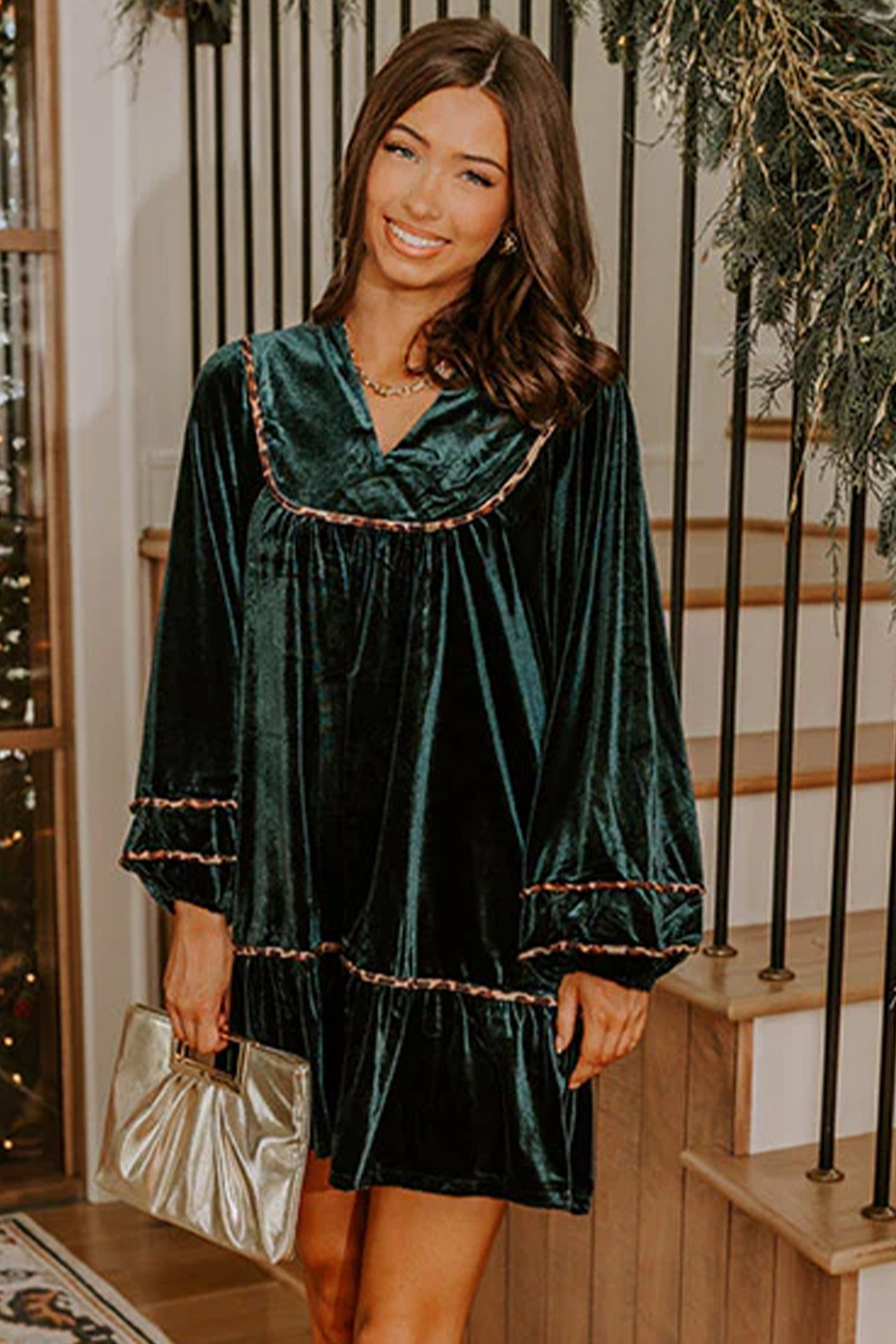 Blackish Green Leopard Trim Velvet Long Sleeve Shift Dress
