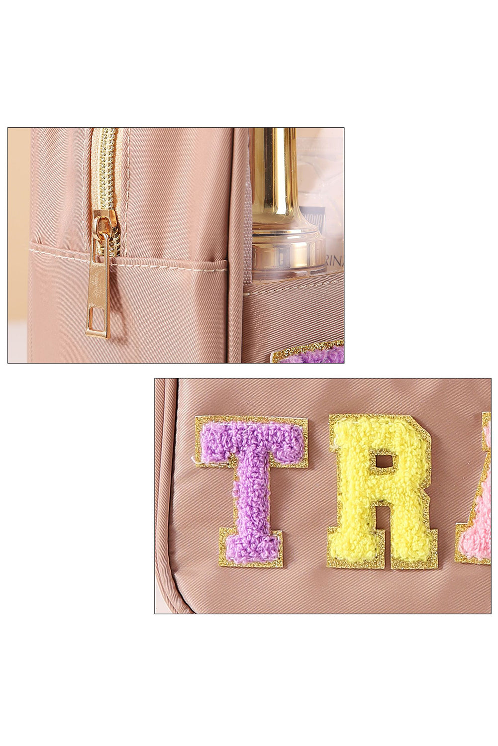 Dark Khaki TRAVEL Chenille Glitter Patched Clear Waterproof Makeup Bag