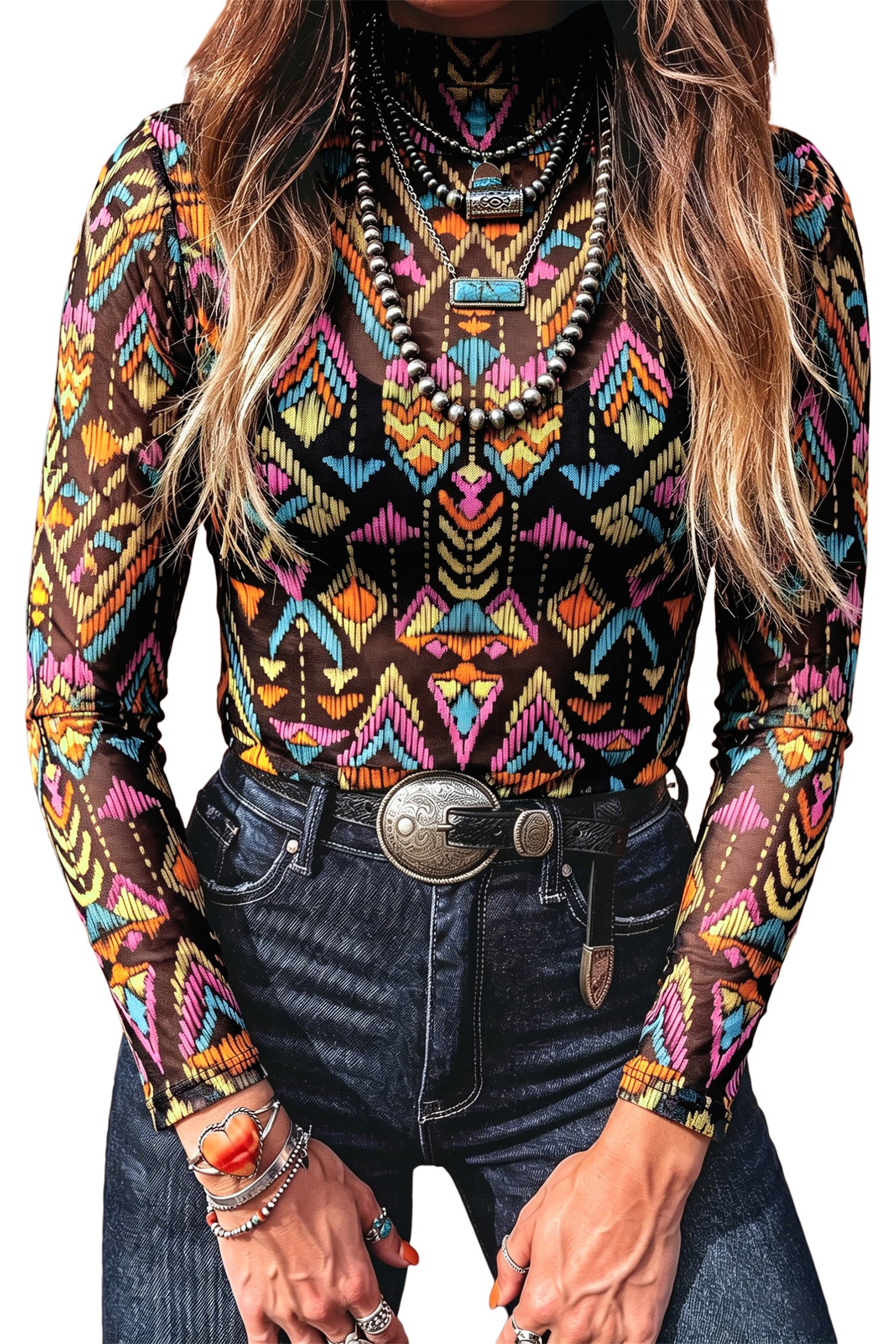 Color black Abstract Print Long Sleeve Stand Neck Mesh Top