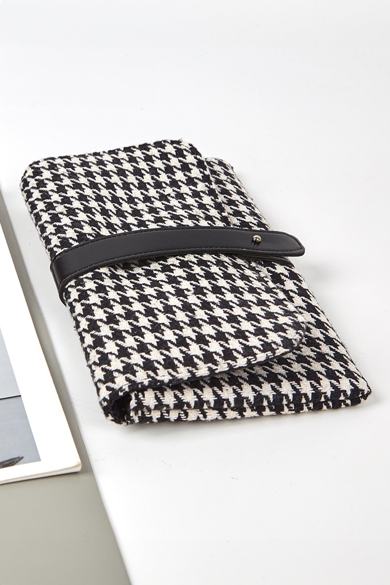 Black Houndstooth Print PU Leather Tab Patchwork Wallet Clutch Bag