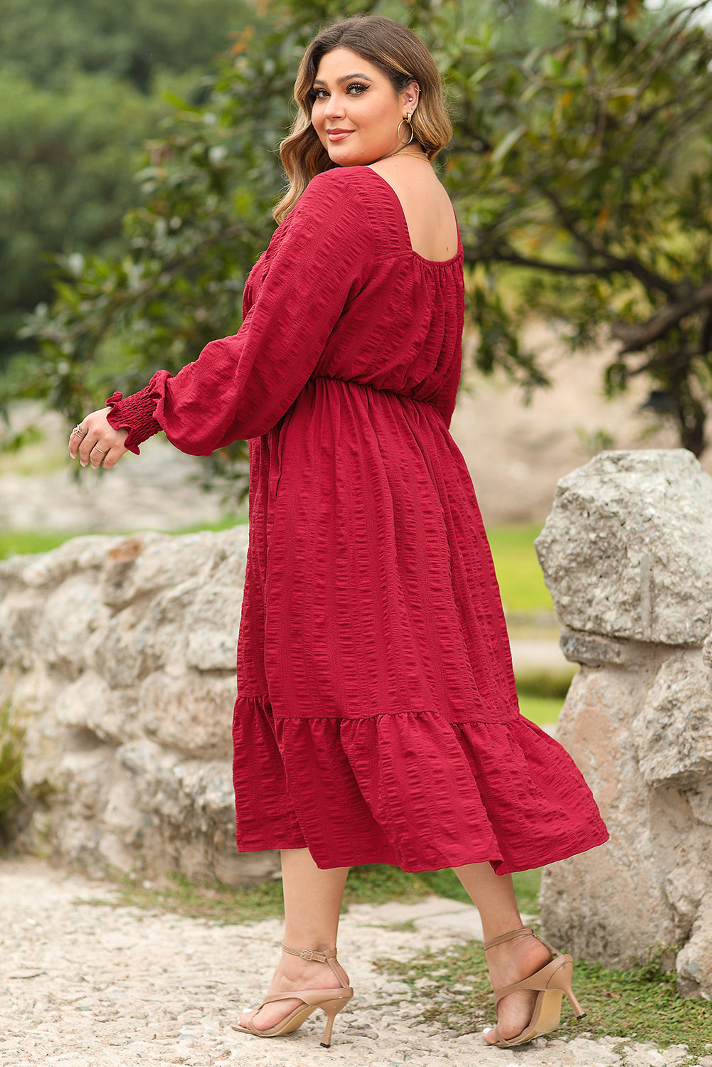 Fiery Red Lace-up Ruched Front Long Sleeve Ruffle Hem Plus Size Midi Dress