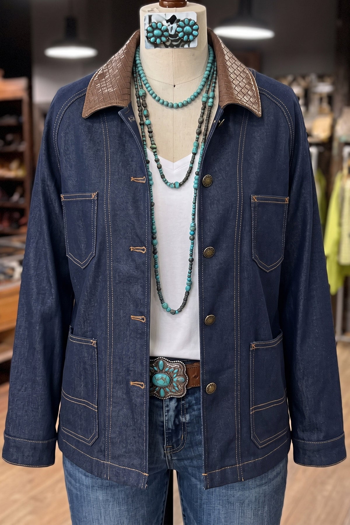Navy Blue Contrast Collar Stitched Detail Button Denim Jacket