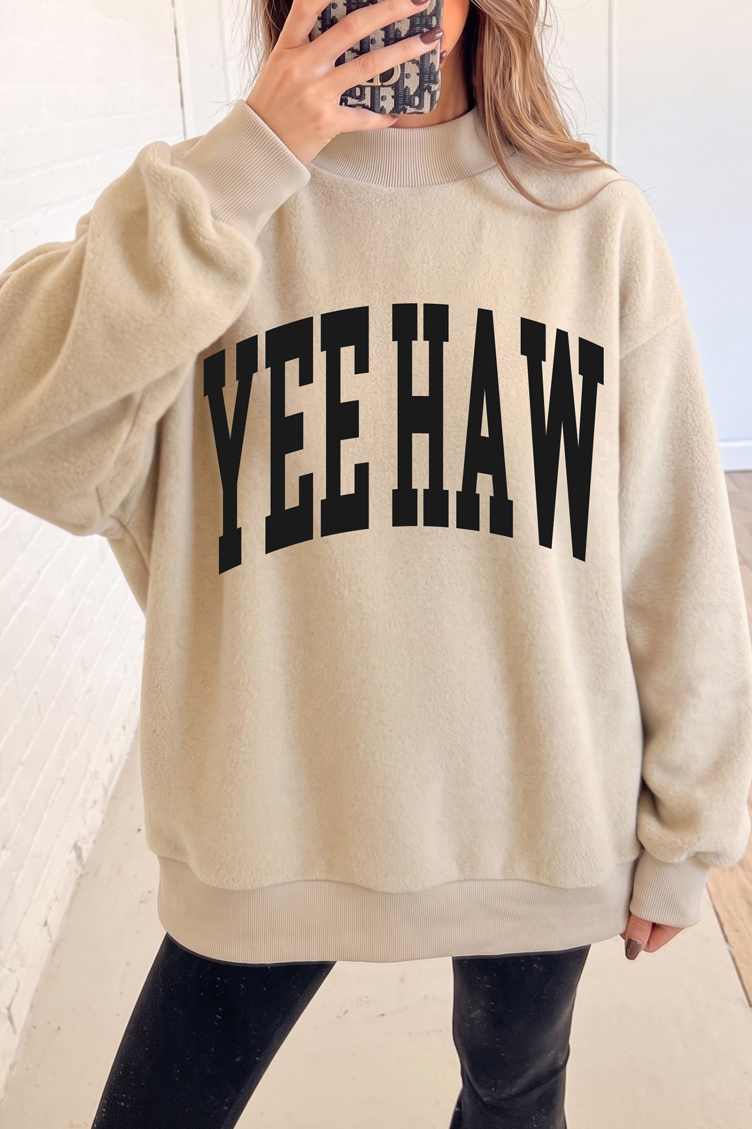 Apricot HOWDY/ YEEHAW Double Side Printed Mock Neck Western Reversible Sweatshirt