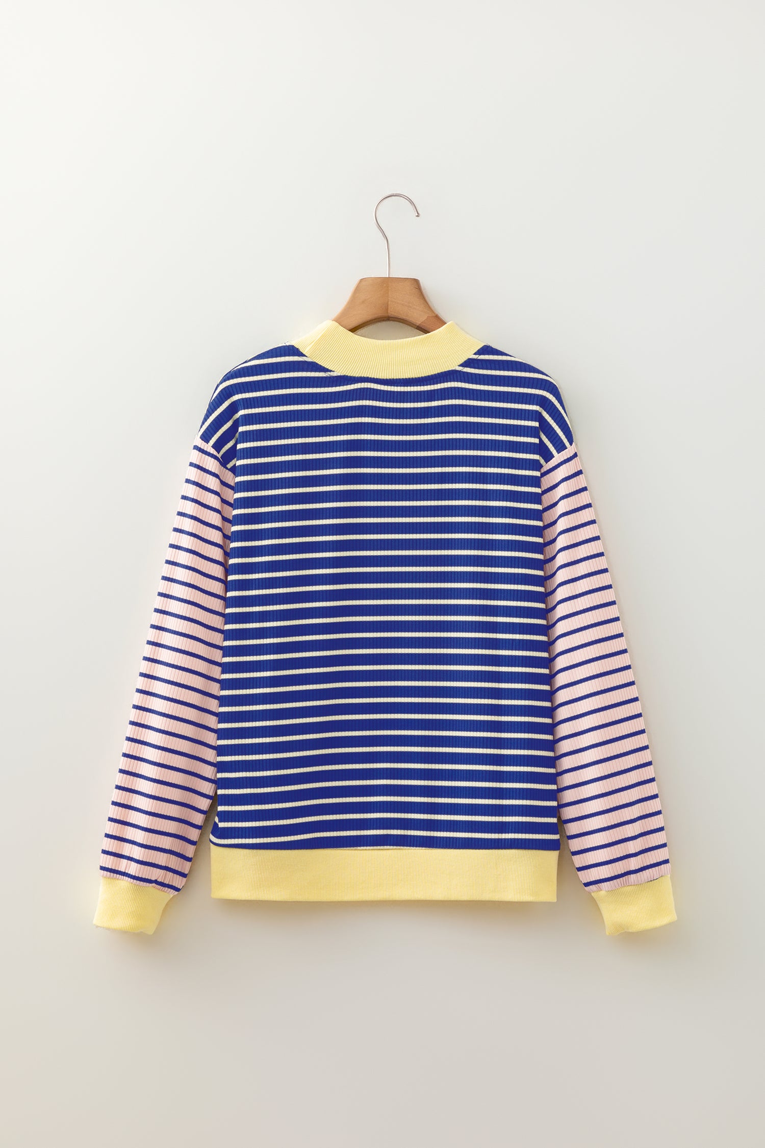 Blue Stripe Contrast Long Sleeve Crew Neck Pullover Top