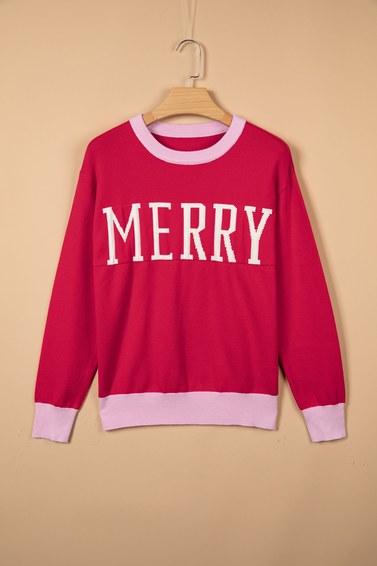 Red Drop Shoulder Round Neck Letter Print Colorblock Sweater