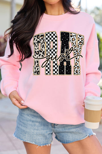 Pink Just PRAY Unique Letter Graphic Round Neck Pullover Sweatshirt