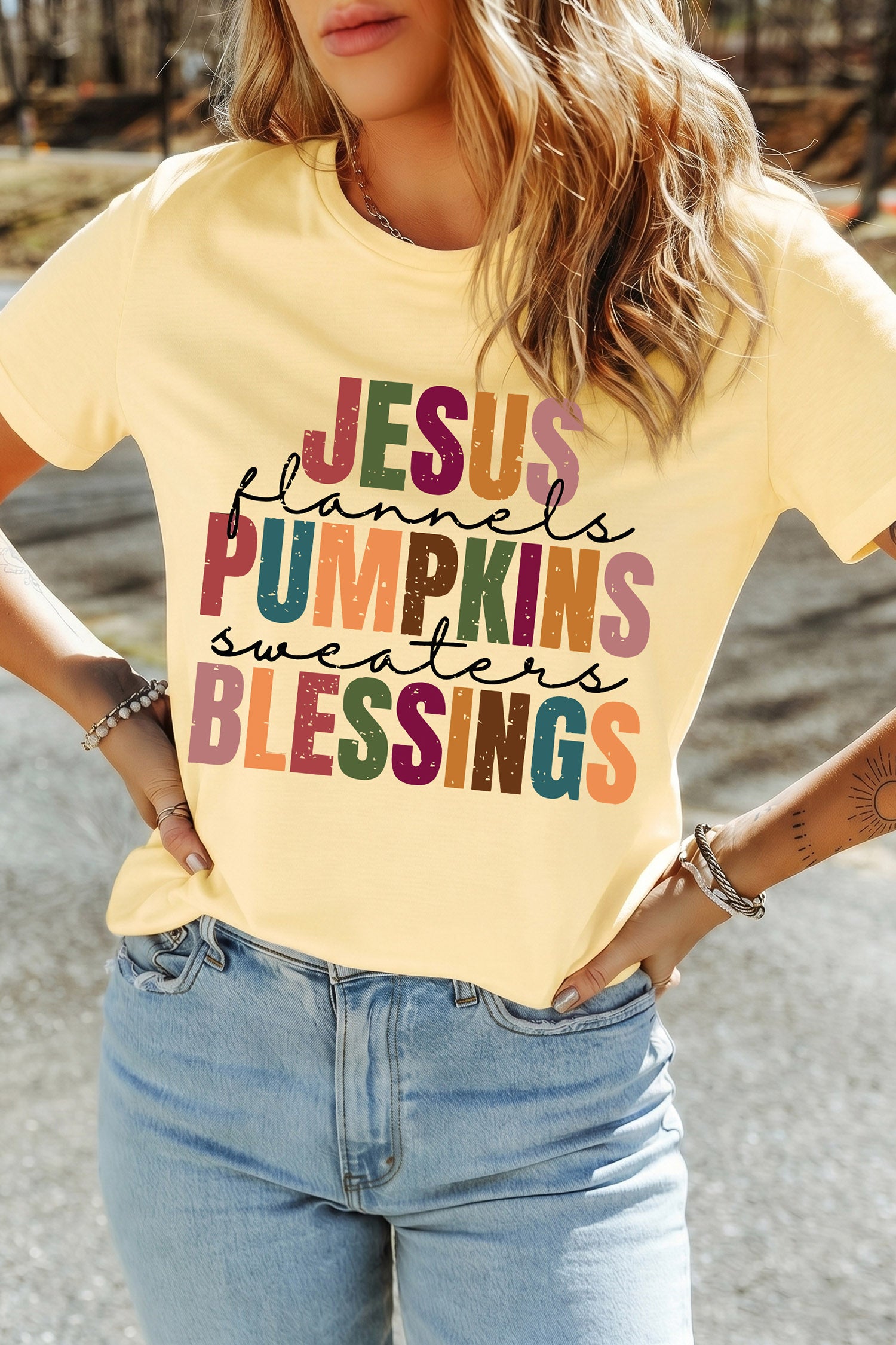 Yellow Cream Thanksgiving Slogan Printed Fall Themed Graphic Tee