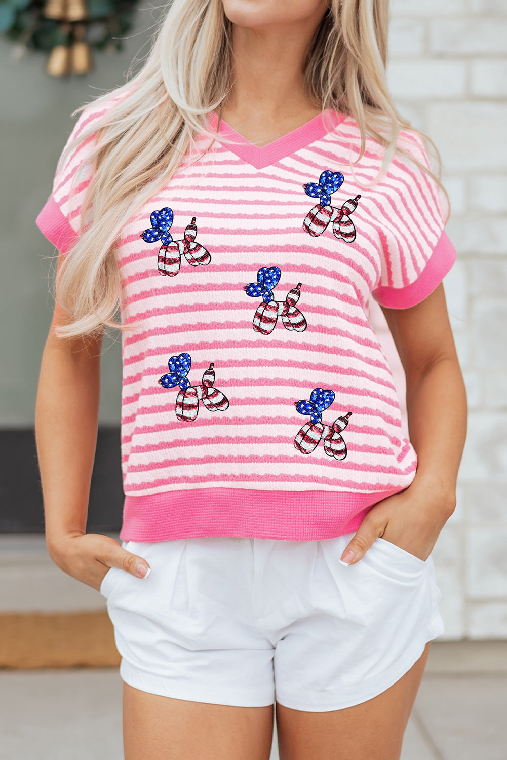 Pink Stripe V Neck Textured Knit Sequin Patriotic Balloon Dog Tee