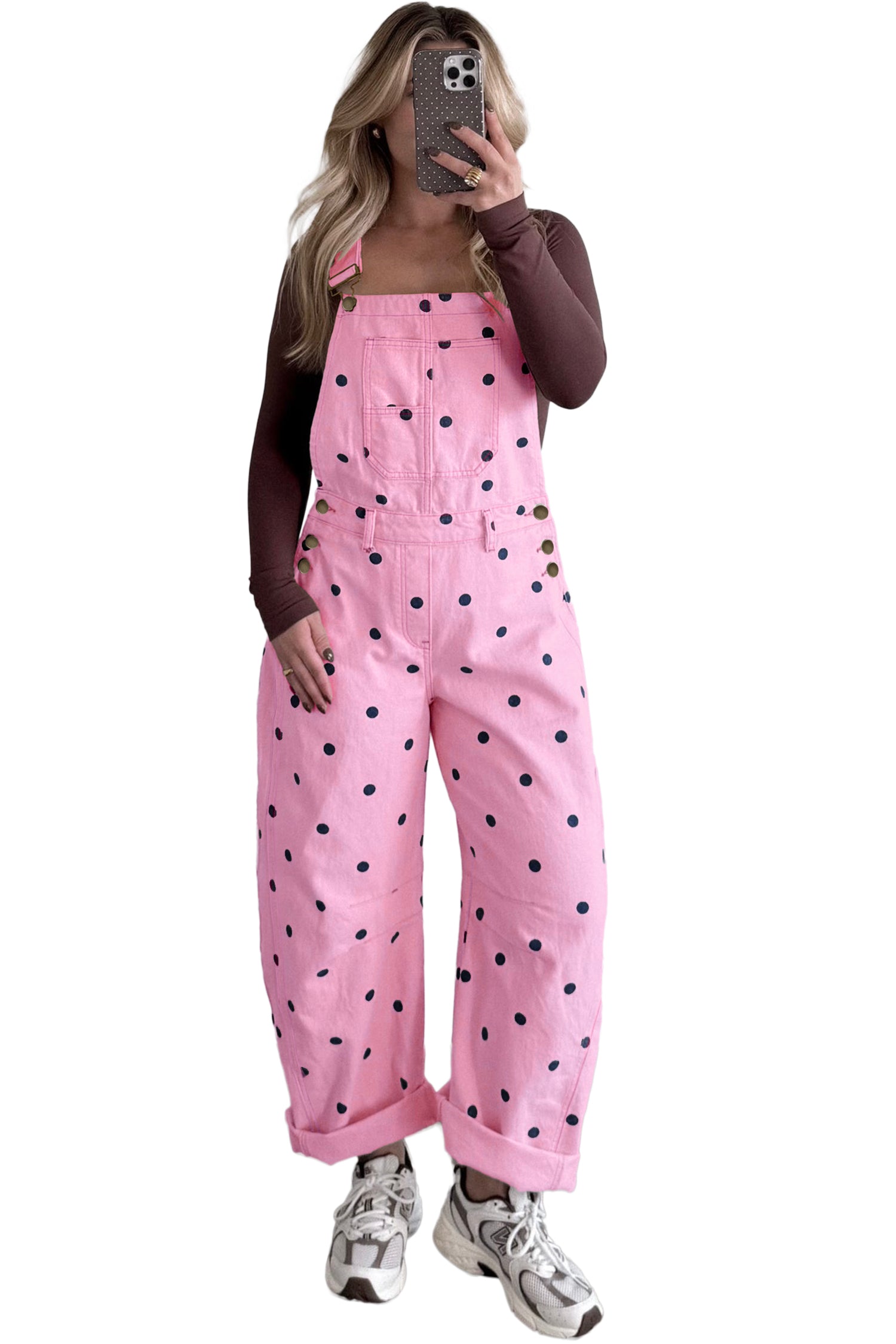 Phalaenopsis Polka Dot Print Bib Pocket Denim Barrel Overalls Jumpsuit